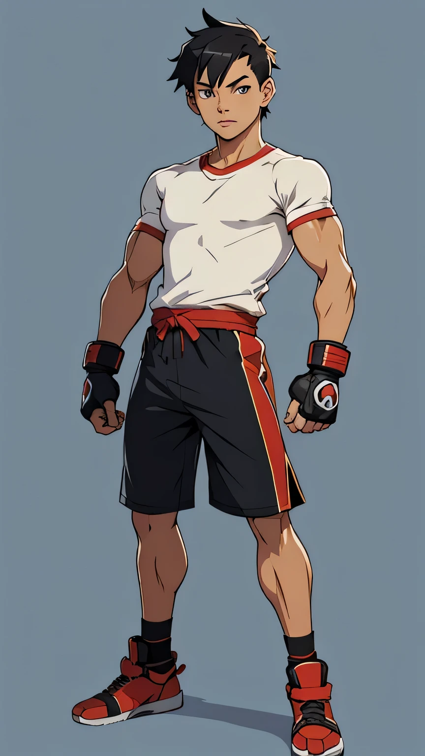 Muay Thai anime boy posing.full body shot. T-shirt. Long shorts. Muay Thai gloves.