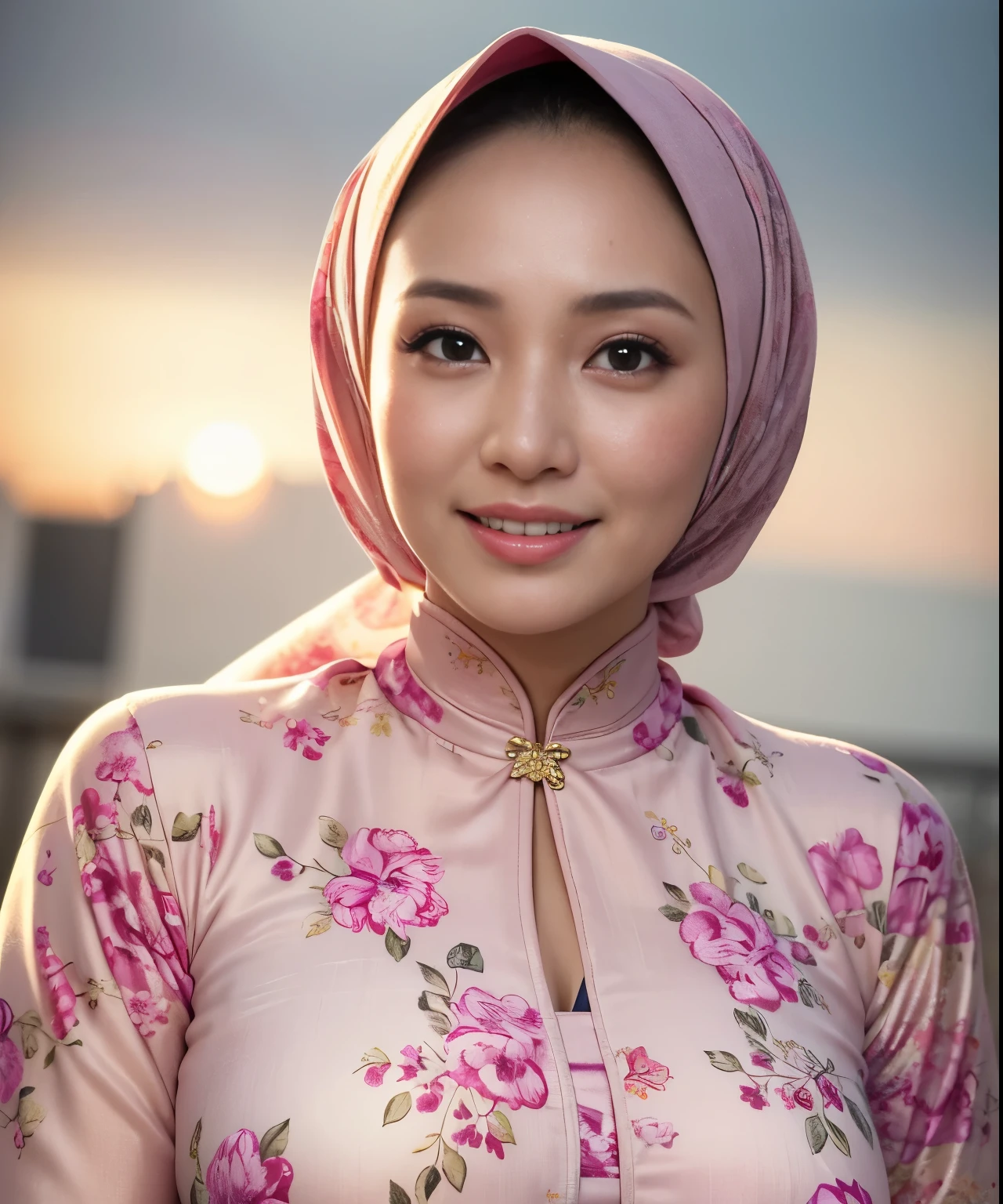 RAW photo:1.2), (photorealistic:1.4),(masterpiece:1.3),(best quality:1.4),ultra high res,(detailed eyes),(detailed facial features),(detailed clothes features),HDR,8k resolution, skin tight, (((high detailed skin,visible pores))), dreamlike, (ulzzang-6500-v1.1:0.5),pureerosface_v1:0.2, face close-up, 1 woman,tall, 40 yo, gigantic breast : 95.6, wearing tight close pastel floral silk malay gamis with hijab, full body, smile, Reisa brotoasmoro, wearing high heels