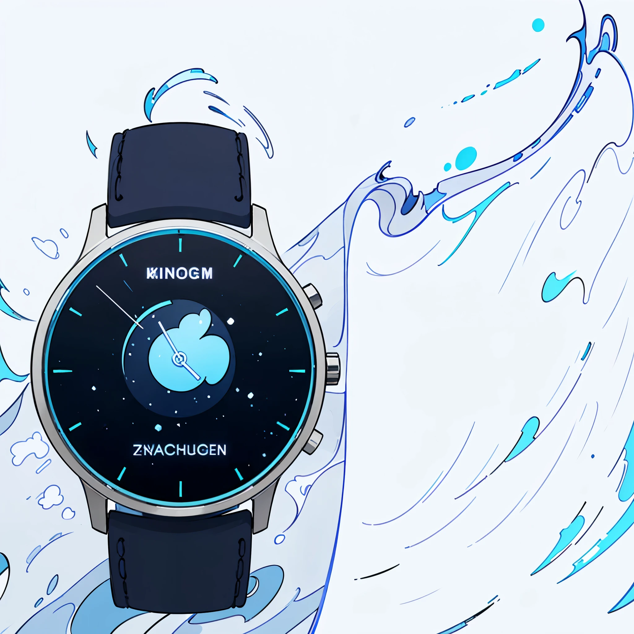 (highres, realistic) An Ai smart watch with advanced features, displaying vibrant blue light. The watch is ultra-detailed, showcasing sharp focus and precise craftsmanship. The screen emits a soothing blue light that enhances the overall aesthetic. The watch is made with high-quality materials, giving it a luxurious touch. The design is sleek and modern, with a minimalistic yet elegant look. The blue light illuminates the surroundings, creating a futuristic atmosphere. The watch is perfect for tech enthusiasts who appreciate both style and functionality. It's a masterpiece of wearable technology, combining intelligent features with a visually striking design.
