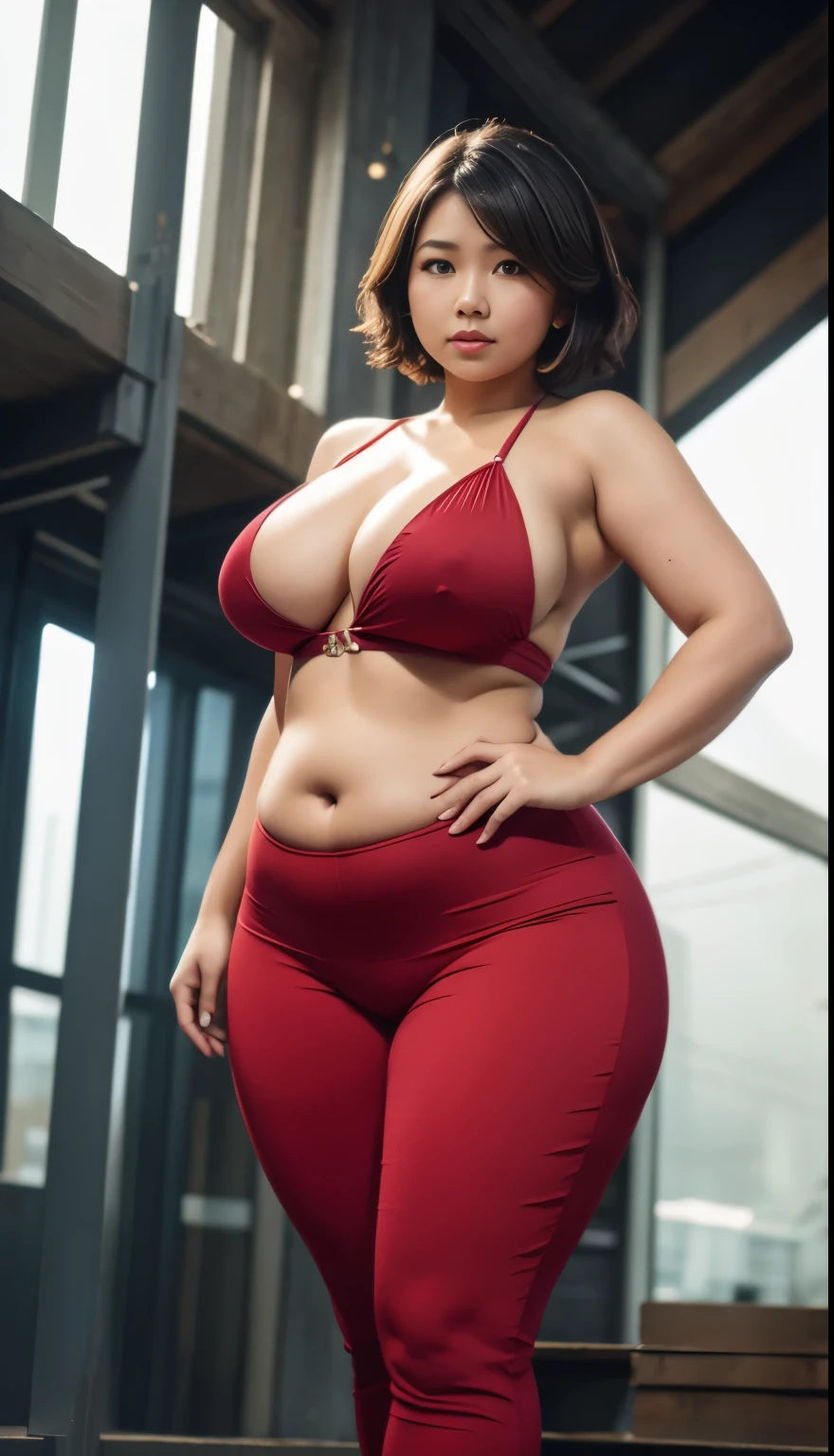 Indonesian woman, thick body, cold atmosphere , thick cheeks , full body , random pose, wavy short hair , thick hips, 40 years old , slightly fat arms , slightly fat belly , thick thighs pants