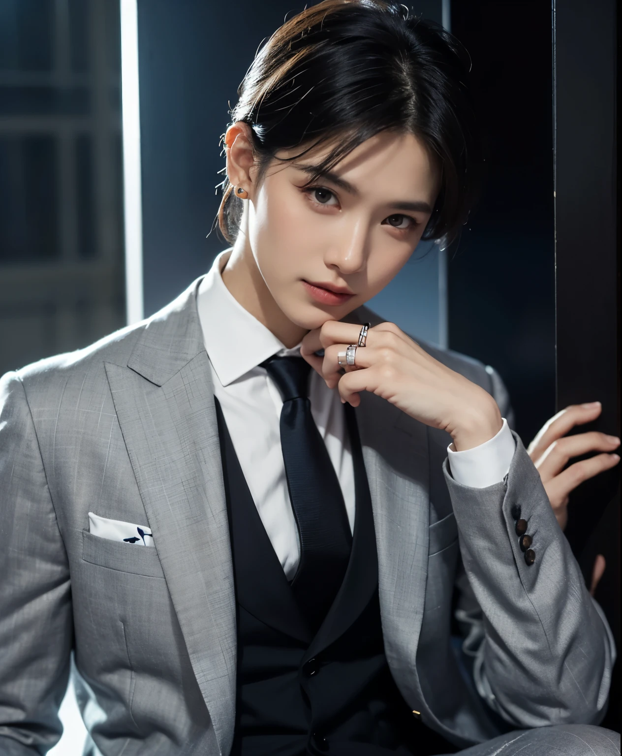 a man, solo, short hair, Hair: Wavy, tousled, jet-black hair Eyes: Piercing bright blue Skin: Fair complexion Attire: Formal gray suit with a structured shoulder, pinstriped white shirt, and dark tie Accessory: A silver brooch with a blue gemstone in the center, attached to the lapel Additional features: A slight, confident smile, and a single silver earring on the left ear Background: Abstract digital motifs with light blue and white circular lines and sparkles