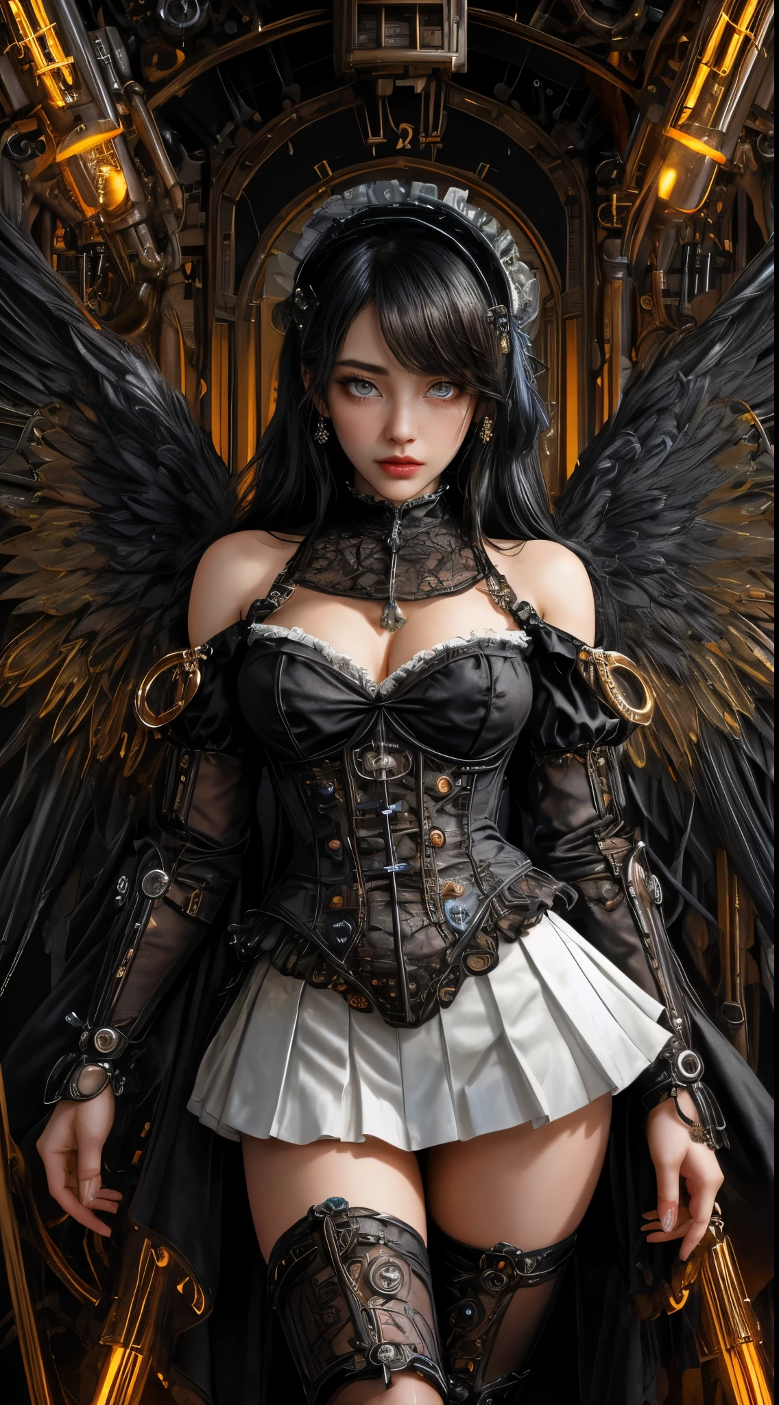 Mechanical doll girl, very cute and very adorable, (((very super realistic))), (((very realistic and accurate eyes))), (((pure white Victorian rococo))), metallic textures, shiny metal, shiny metal-like clothing, gothic and lolita, off the shoulder, (((very excessive steampunk))), (((intricate mechanical wings))), (((decadent surrealism))), 14 years old, very short bob with bangs, (((black hair))), (flared pleated miniskirt with lace and frills), skeleton body, iridescent glitter, background detail, organic, (((neon tube connection))) Neon tube connection. and slender body.