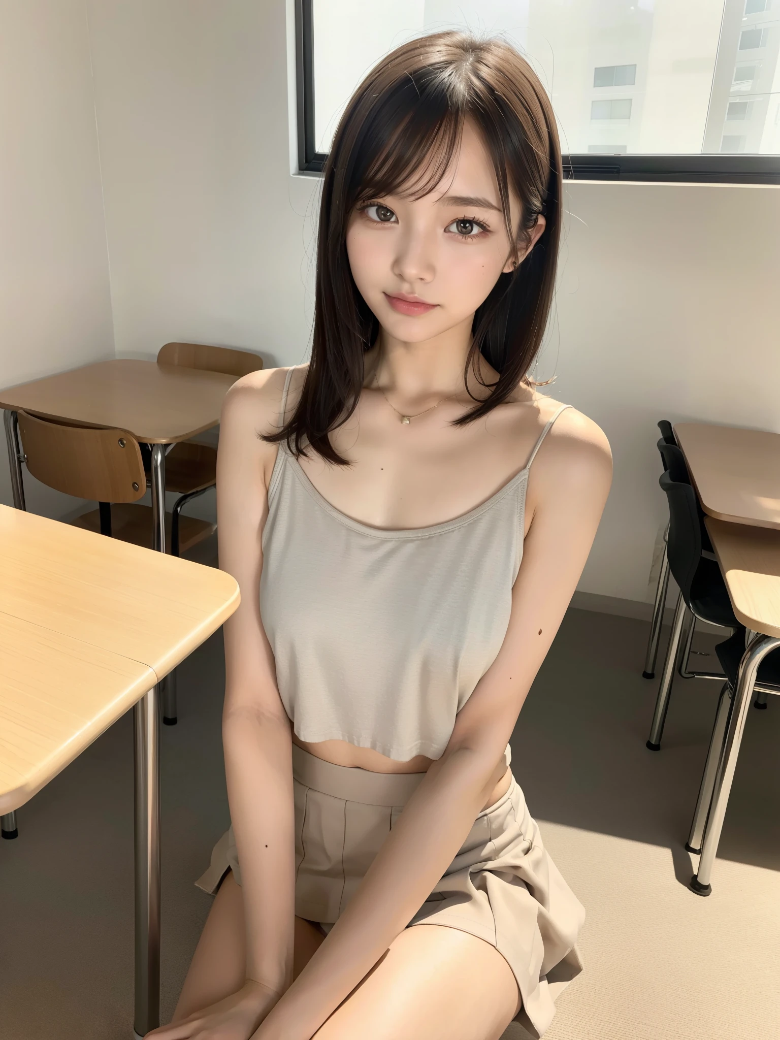 nude, (camisole, mini skirt, thigh: 1.4), small breasts, flat chest, (sitting, spread your legs: 1.2), ((top quality, 8k, table top: 1.3, RAW photo)), sharp focus: 1.2, (1 Aespa Girl :1.1), (alone: 1.12), (realistic, realistic: 1.37), (face focus: 1.1), cute face, highly detailed face, messy short hair, up style, classroom, flower, Book