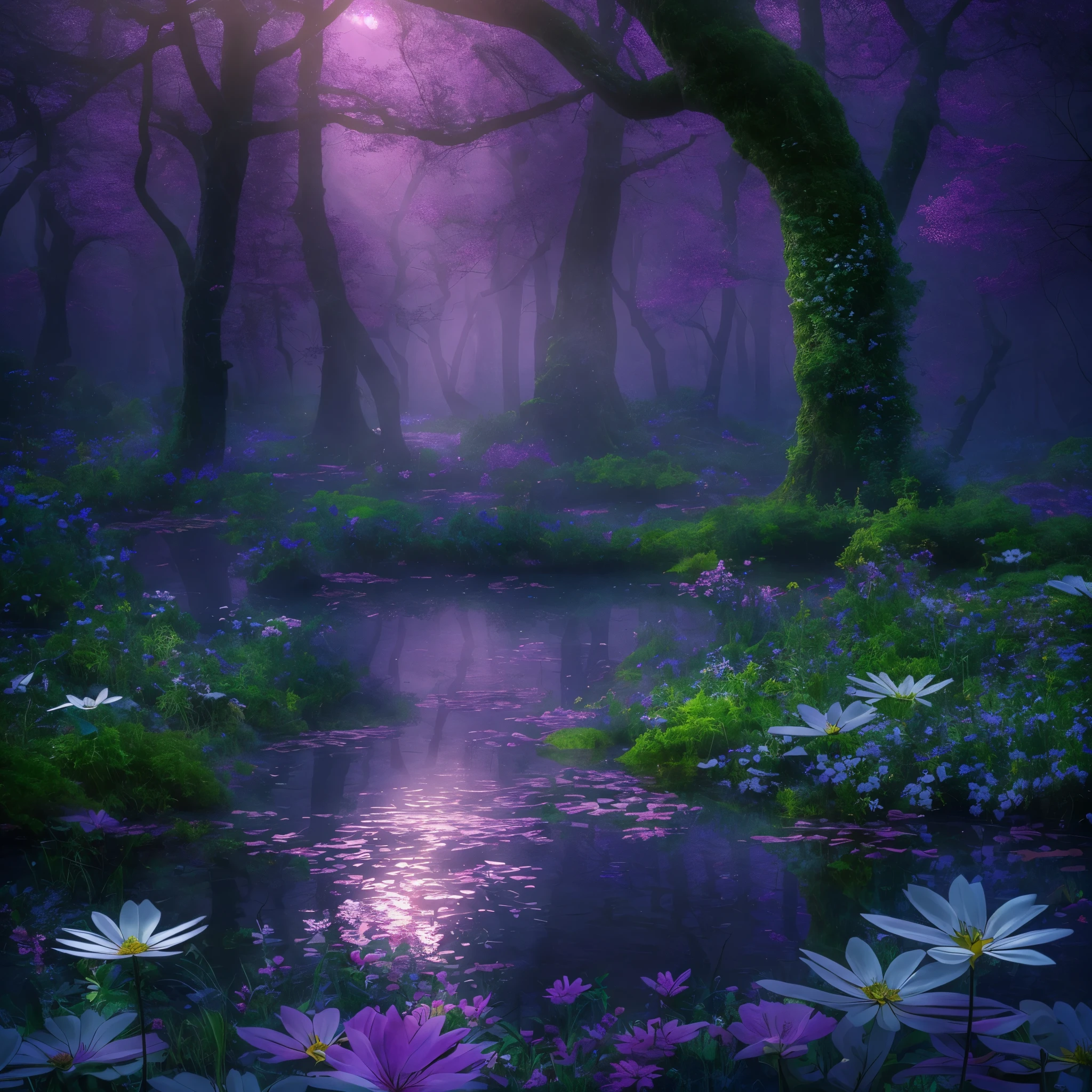 purple flowers are blooming in a forest near a pond, glowing purple, dark purple swamp, magical forest in the background, mystical forest lagoon, soft purple glow, in serene forest setting, purple glow, magical forest, magical fantasy forest, extremely beautiful and ethereal, very magical and dreamy, magic fairy forest, magical environment, in a magical forest, purple hues