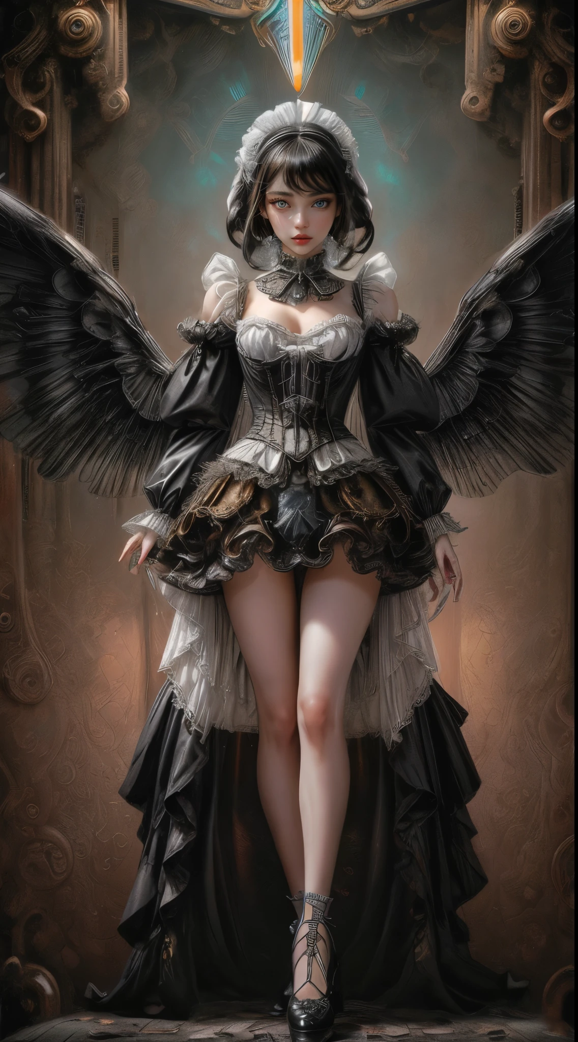 Mechanical doll girl, very cute and very adorable, (((very super realistic))), (((very realistic and accurate eyes))), (((pure white Victorian rococo))), metallic textures, shiny metal, shiny metal-like clothing, pure white gothic and lolita, off the shoulder, (((very excessive steampunk))), (((intricate mechanical wings))), (((decadent surrealism))), 14 years old, very short bob with bangs, (((black hair))), (flared pleated miniskirt with lace and frills), skeleton body, iridescent glitter, background detail, organic, (((neon tube connection))) Neon tube connection. and slender body.
