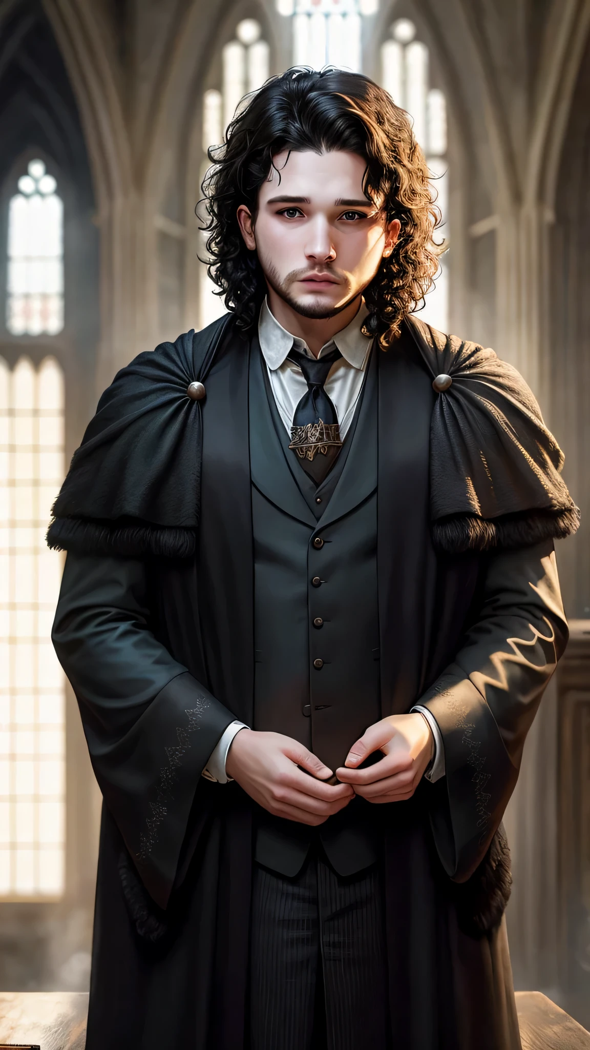 Hogwarts style, (Kit Harington), curly black hair, Hogwarts teacher, Hogwarts black mantle, in the Hogwarts, noon, sunlight, 1man, solo, beautiful detailed glow, detailed, cinematic light, intricate detail, realistic, highres, detailed facial features, high detail, sharp focus, smooth, aesthetic, extremely detailed, stamp, octane render