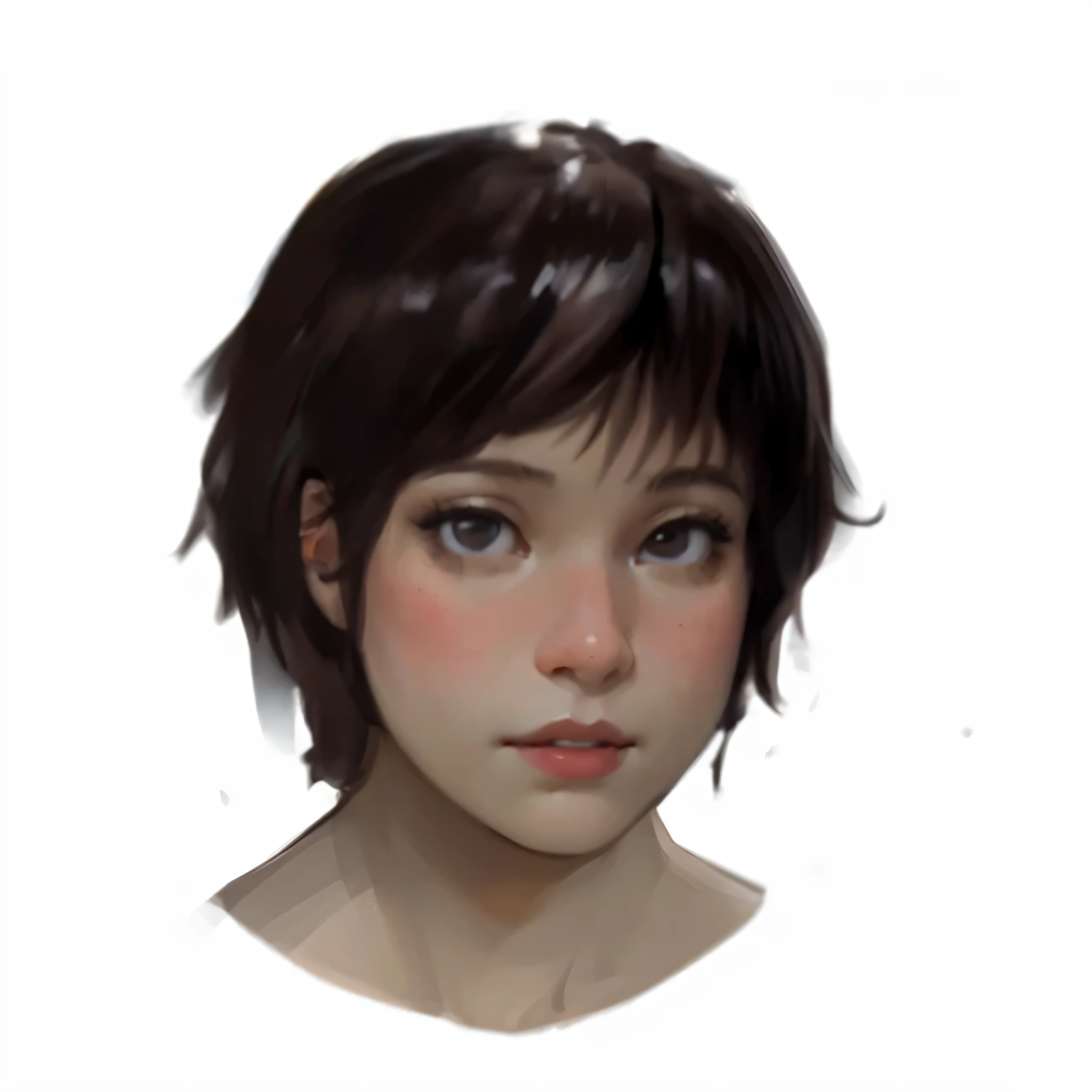 There is a figure of a woman with short hair, Portraits of little people, portrait study, soft portrait, character Facial studies, digital portrait, Facial studies, Realistic female portrait, girl portrait, Realistic portrait, 2D portrait, detailed portrait, People art portrait, bust, Realistically rendered faces, Face female portrait, Face anime portrait