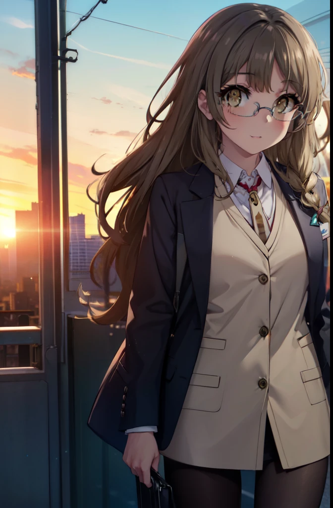 riofutaba, rio futaba, long hair, brown hair, (brown eyes:1.5), Glasses,
, OL,Braid, red glasses, end, black suit jacket, collared jacket, white dress shirt, collared shirt, neckline, button, strap, ID card on the neck, black pencil skirt, black pantyhose, stiletto heels,business bag,smile, blush, looking at the viewer,sunset,夕方
break outdoors, In town,building street,
break looking at viewer, (cowboy shot:1.5),
break (masterpiece:1.2), highest quality, High resolution, unity 8k wallpaper, (figure:0.8), (detailed and beautiful eyes:1.6), highly detailed face, perfect lighting, Very detailed CG, (perfect hands, perfect anatomy),
