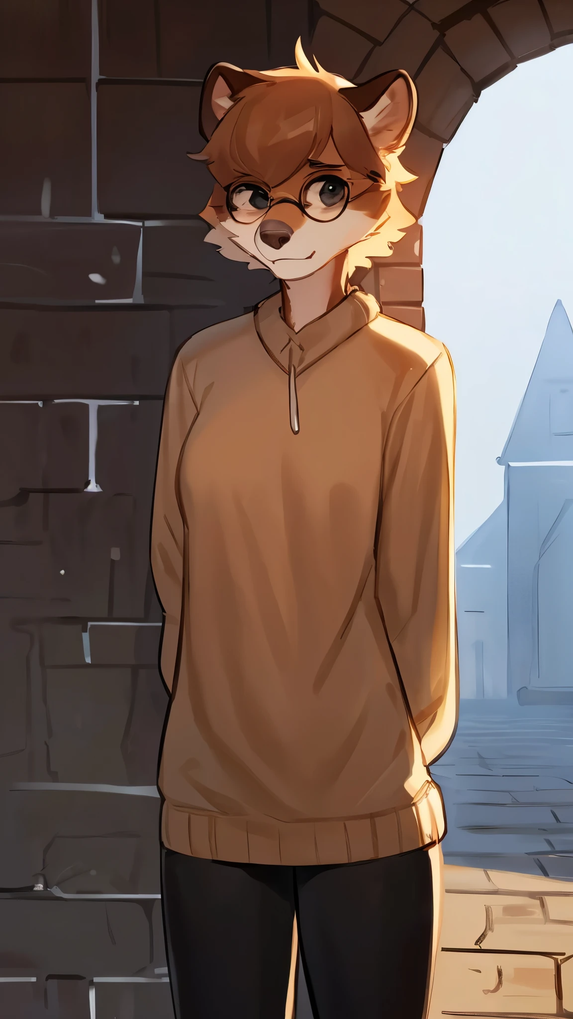 By bebebebebe, by lostgoose, by goonie-san, solo, female, standing, weasel, slim, weak, (((big dorky glasses))), (detailed eyes, snout, hair), short hair, nervous, shy, hands behind back, tan sweater, black dress, black leggings, looking at viewer, historic campus, at academy, brown brick building, overcast