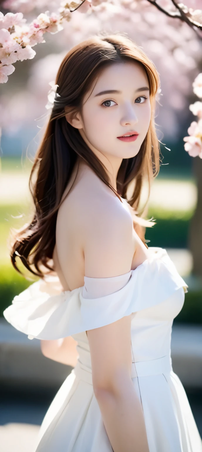 18-year-old girl,Beautiful looks,bouquet of flowers,Under the cherry blossom tree,dream,romantic,pink tone,short dress,Strapless,Off the shoulders,Snow-white chest,look back,sideways