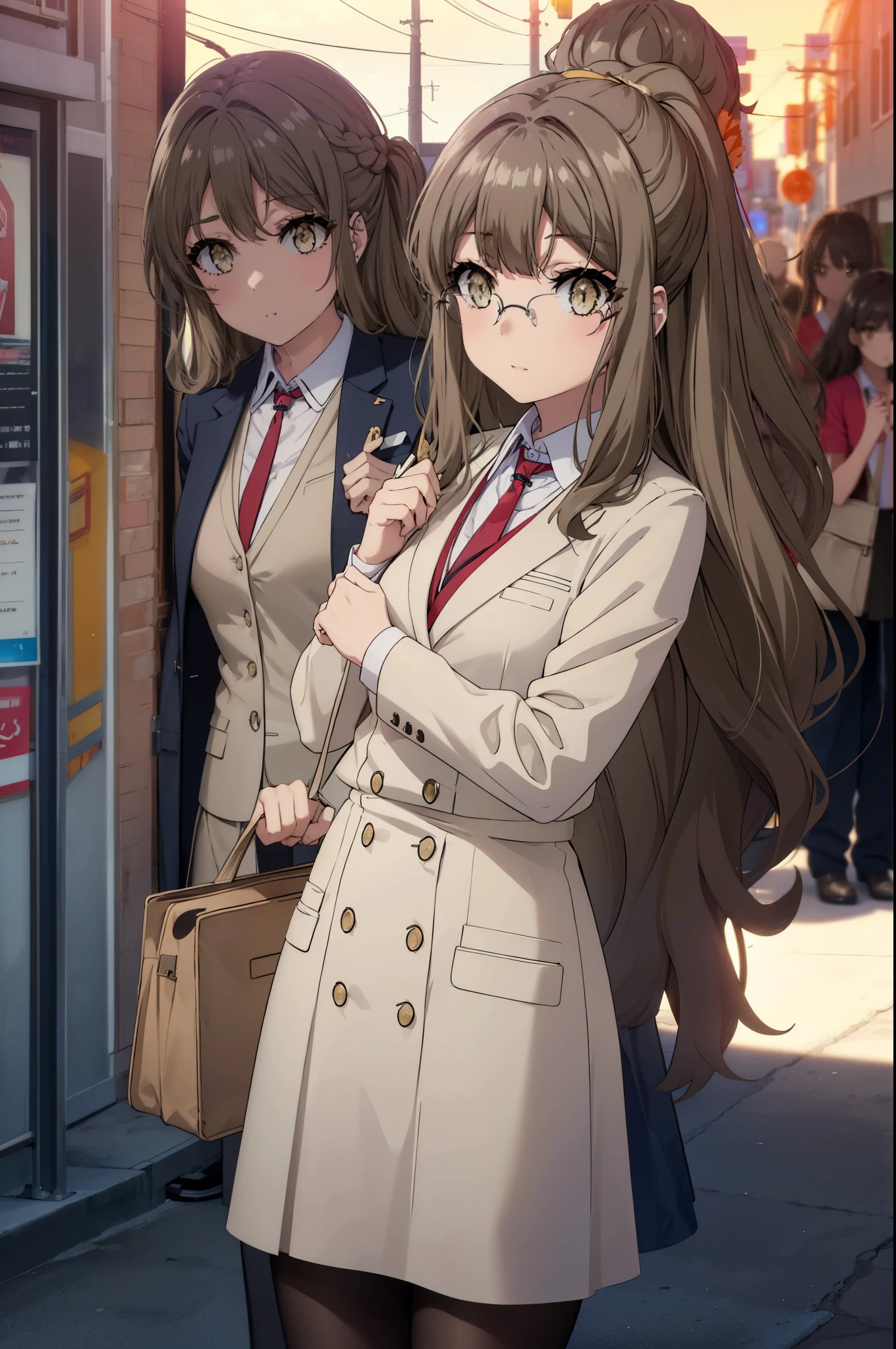 riofutaba, rio futaba, long hair, brown hair, (brown eyes:1.5), Glasses,
, OL,Braid, red glasses, end, black suit jacket, collared jacket, white dress shirt, collared shirt, neckline, button, strap, ID card on the neck, black pencil skirt, black pantyhose, stiletto heels,business bag,smile, blush, looking at the viewer,sunset,夕方 
break outdoors, In town,building street,
break looking at viewer, (cowboy shot:1.5),
break (masterpiece:1.2), highest quality, High resolution, unity 8k wallpaper, (figure:0.8), (detailed and beautiful eyes:1.6), highly detailed face, perfect lighting, Very detailed CG, (perfect hands, perfect anatomy),