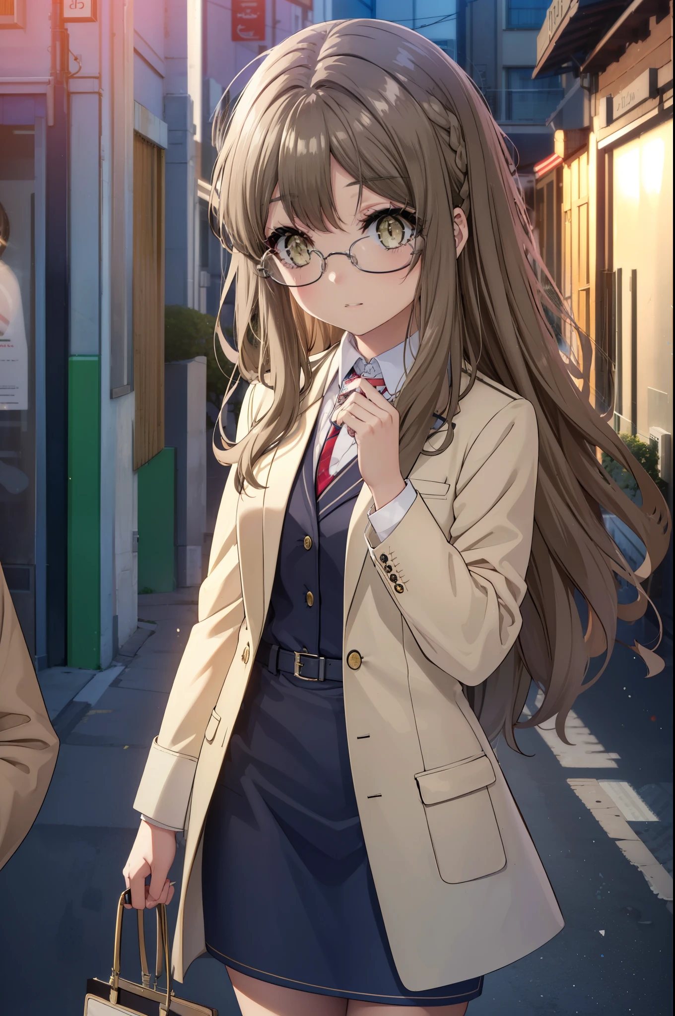 riofutaba, rio futaba, long hair, brown hair, (brown eyes:1.5), Glasses,
, OL,Braid, red glasses, end, black suit jacket, collared jacket, white dress shirt, collared shirt, neckline, button, strap, ID card on the neck, black pencil skirt, black pantyhose, stiletto heels,business bag,smile, blush, looking at the viewer,sunset,夕方 
break outdoors, In town,building street,
break looking at viewer, (cowboy shot:1.5),
break (masterpiece:1.2), highest quality, High resolution, unity 8k wallpaper, (figure:0.8), (detailed and beautiful eyes:1.6), highly detailed face, perfect lighting, Very detailed CG, (perfect hands, perfect anatomy),