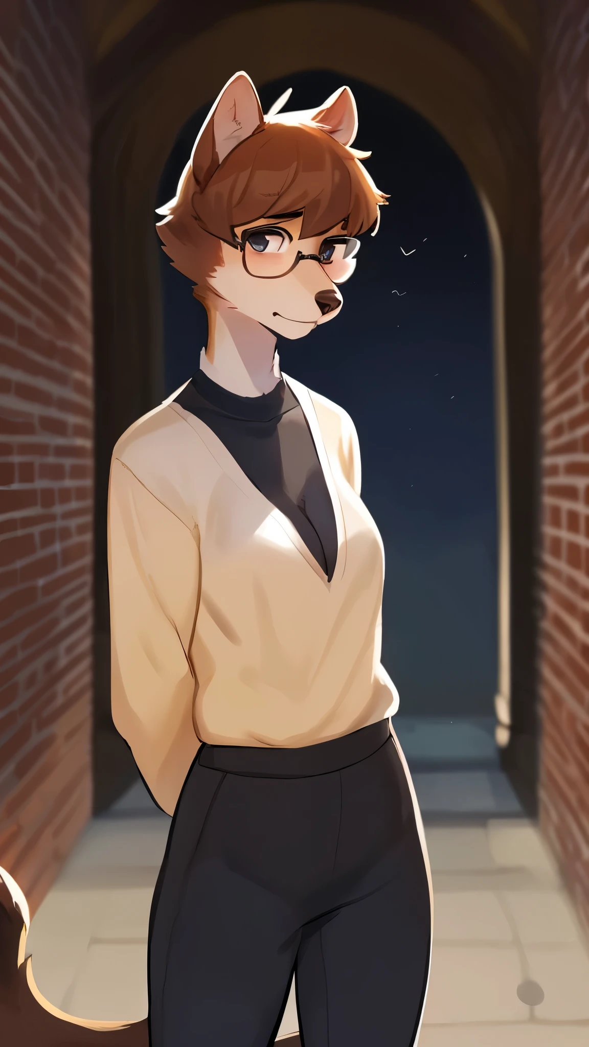 By bebebebebe, by lostgoose, by goonie-san, solo, female, standing, weasel, slim, weak, (((big dorky glasses))), (detailed eyes, snout, hair), short hair, nervous, shy, hands behind back, tan sweater, black dress, black leggings, looking at viewer, historic campus, at academy, brown brick building, overcast, curvy, cleavage, adult