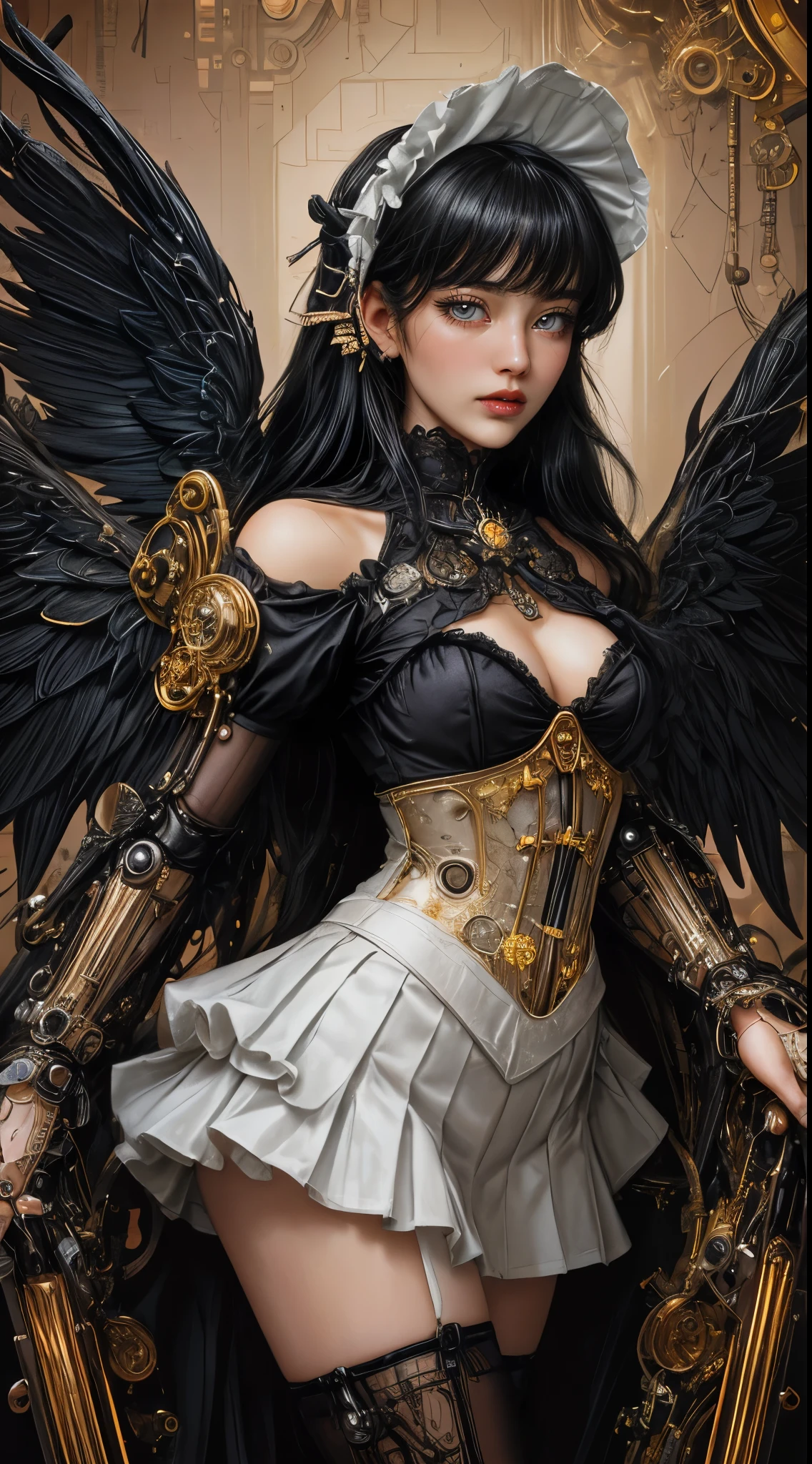 Mechanical doll girl, very cute and very adorable, (((very super realistic))), (((very realistic and accurate eyes))), (((pure white Victorian rococo))), metallic textures, shiny metal, shiny metal-like clothing, pure white gothic and ta, off the shoulder, (((very excessive steampunk))), (((intricate mechanical wings))), (((decadent surrealism))), 14 yry short bob with bangs, (((black hair))), (flared pleated miniskirt with lace and frills), skeleton body, iridescent glitter, background detail, organic, (((neon tube connection))) Neon tube connection. and slender body.