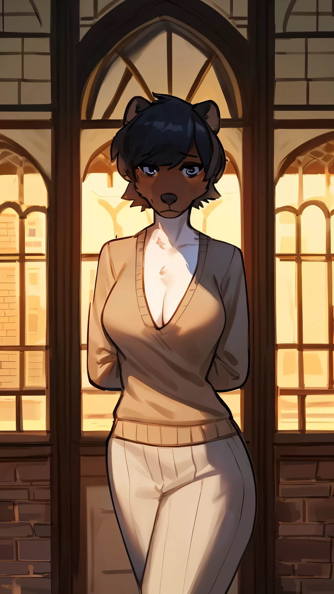 By bebebebebe, by lostgoose, by goonie-san, solo, female, standing, weasel, slim, weak, ((detailed eyes, snout, hair)), short hair, nervous, shy, hands behind back, tan sweater, black dress, black leggings, looking at viewer, historic campus, at academy, brown brick building, overcast, curvy, cleavage, adult