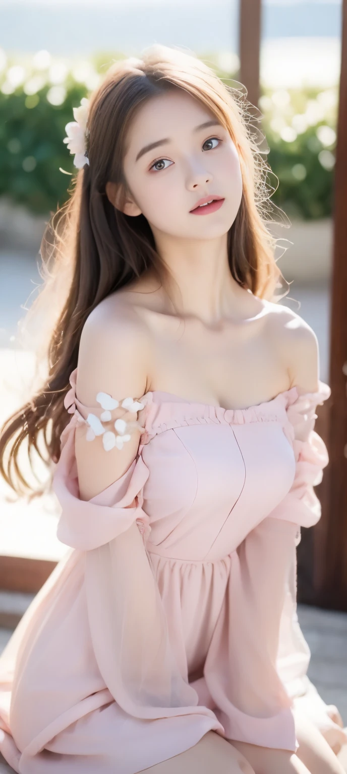18-year-old girl，Beautiful looks，bouquet of flowers，dream，Sit on your knees，pink tone，short dress，Strapless，Off the shoulders，Snow-white chest