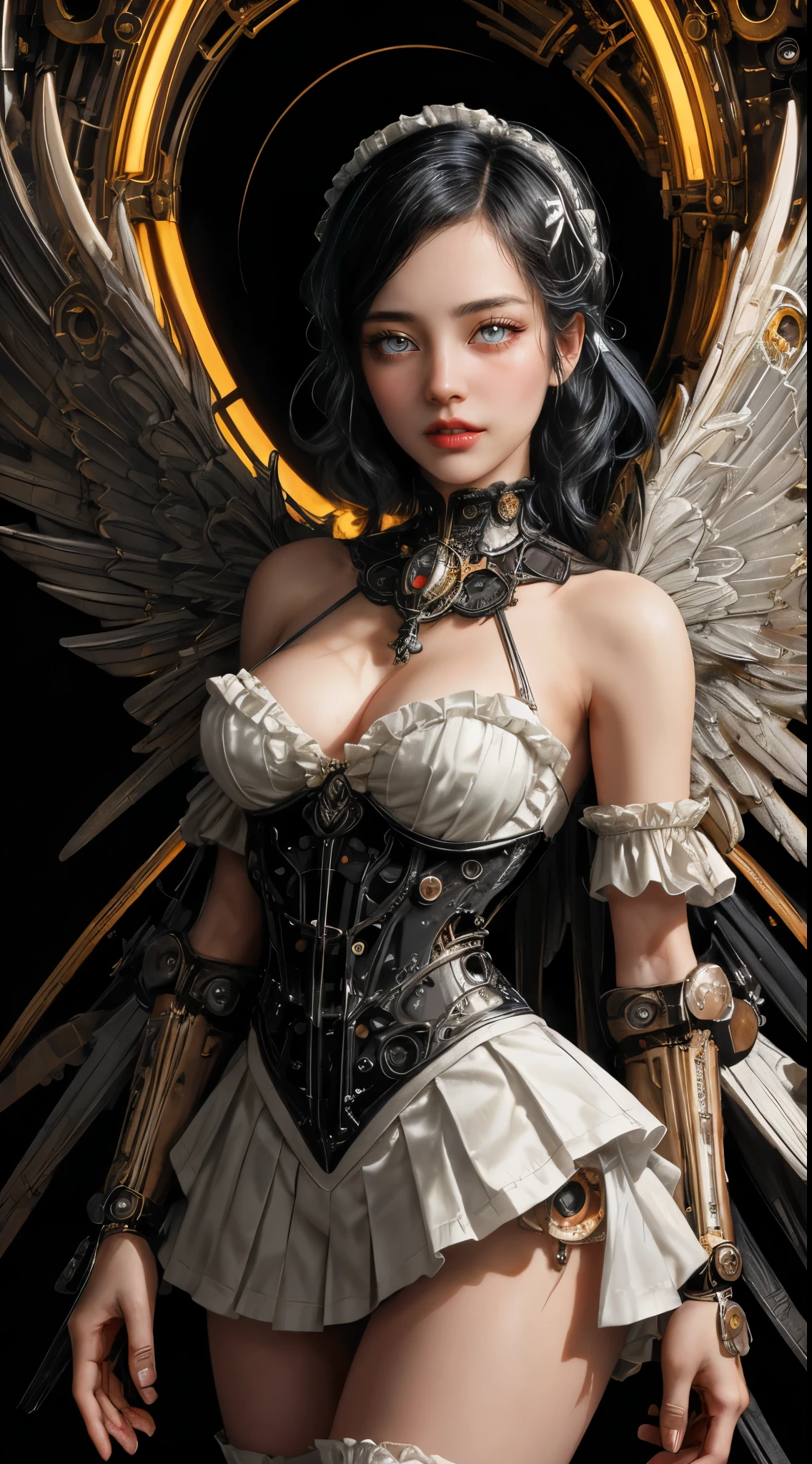 Mechanical doll girl, very cute and very adorable, (((very super realistic))), (((very realistic and accurate eyes))), (((pure white Victorian rococo))), metallic textures, shiny metal, shiny metal-like clothing, pure white gothic and lolita, off the shoulder, (((very excessive steampunk))), (((intricate mechanical wings))), (((decadent surrealism))), 14 years old, very short bob with bangs, (((black hair))), (flared pleated miniskirt with lace and frills), skeleton body, iridescent glitter, background detail, organic, (((neon tube connection))) Neon tube connection. and slender body.