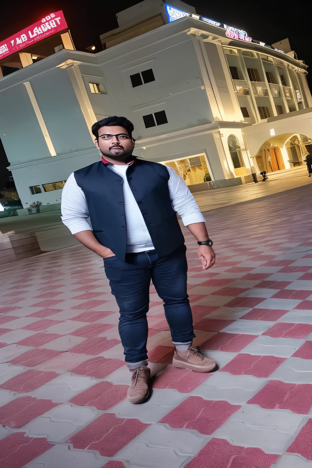 there is a man standing in front of a building at night, full body picture, very very low quality picture, at night time, inspired by Saurabh Jethani, candid picture, taken in the early 2020s, with accurate face, full body photogenic shot, taken with sony alpha 9, about 3 5 years old, very artistic pose