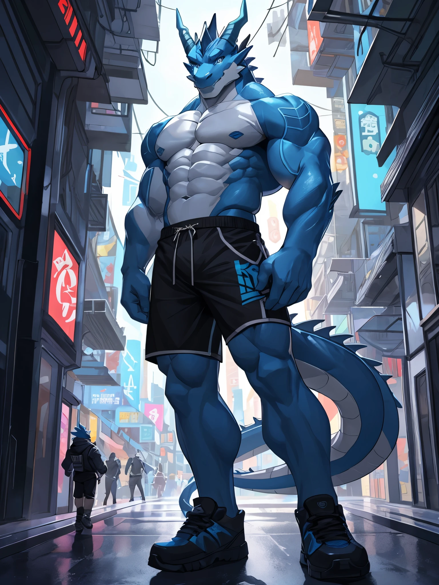 masterpiece, Anthropomorphic blue dragon, white belly,There is a pair of beautiful dragon horns, blue eyes, Vertical pupils,blue dragon scales,1 tail, very muscular body, nice, only shorts, standing on the street,cyberpunk,night