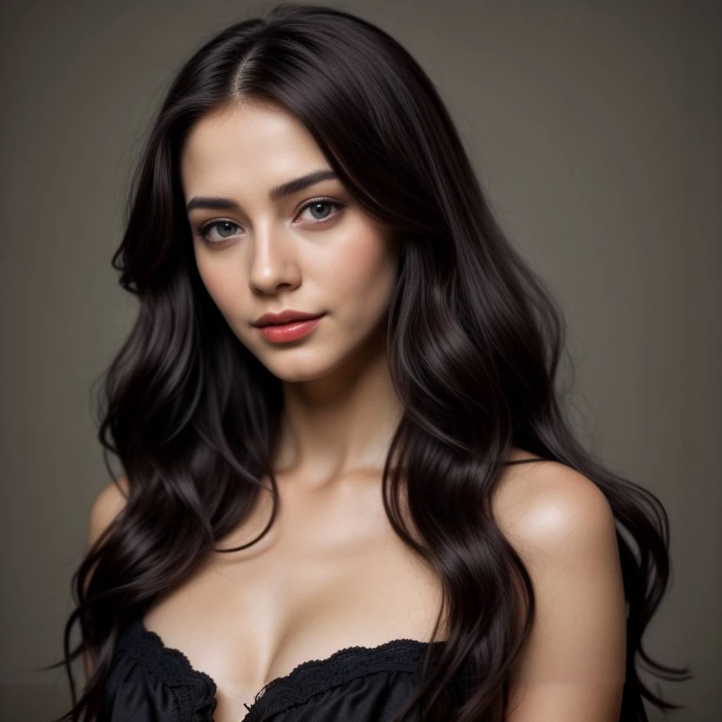 Close-up of a woman with long dark hair wearing a black dress, digital art by Fyodor Rokotov, shutterstock, digital art, bright dark wavy hair, чудесные dark hair, wavy long black hair, длинные распущенные dark hair, beautiful female model, black wavy hair, dark - hair, dark hair, young woman with long dark hair