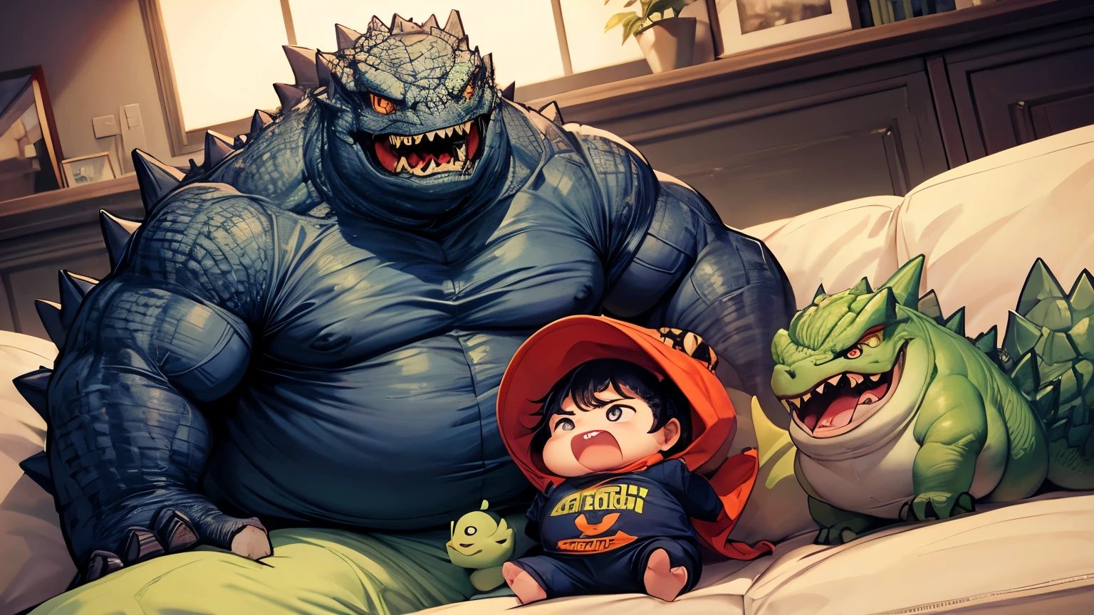 fat chhuby, angry ,  godzilla, on couch