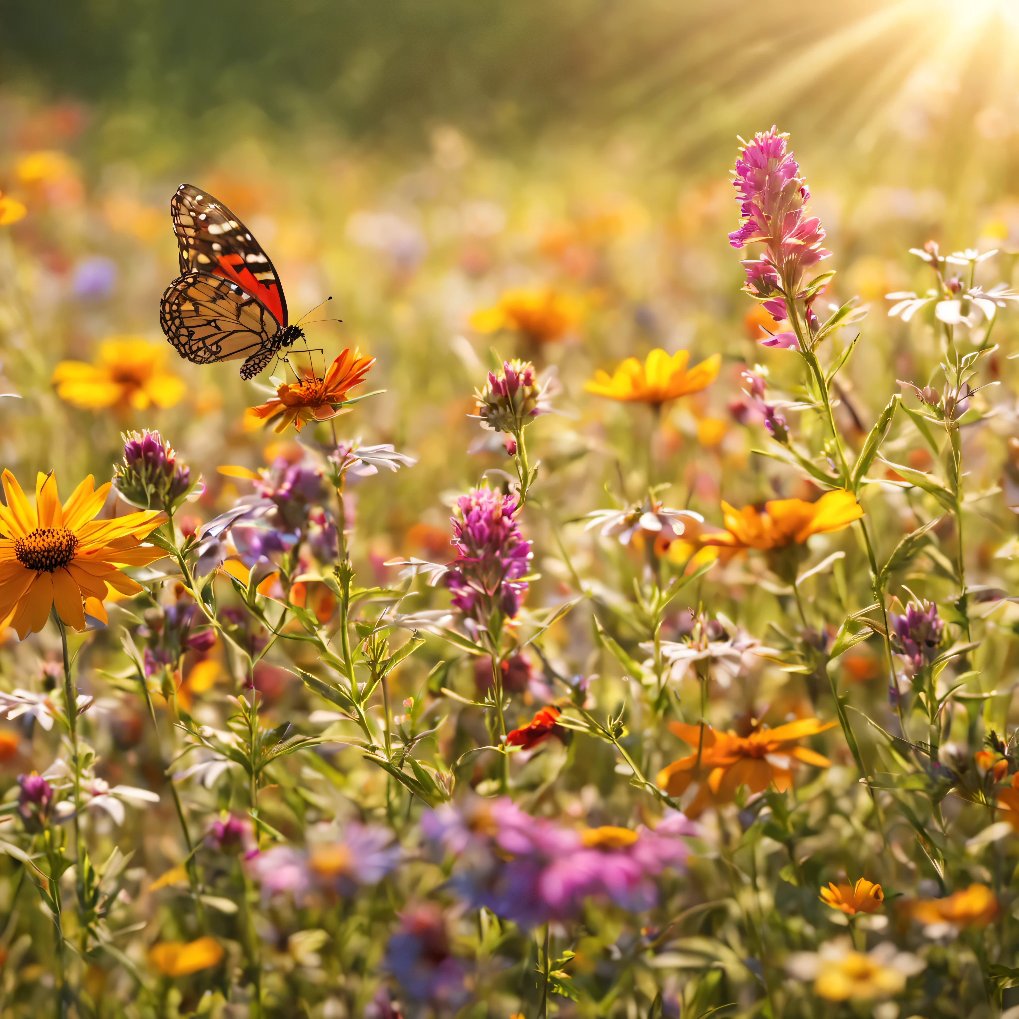 close up on a field of various colorful wildflowers and different butterflies, afternoon sunrays in the background, vibrant, only nature, no humans, the realism is astounding, capturing every intricate detail with precision. The lighting in the scene is soft and gentle, creating a warm and welcoming ambiance.