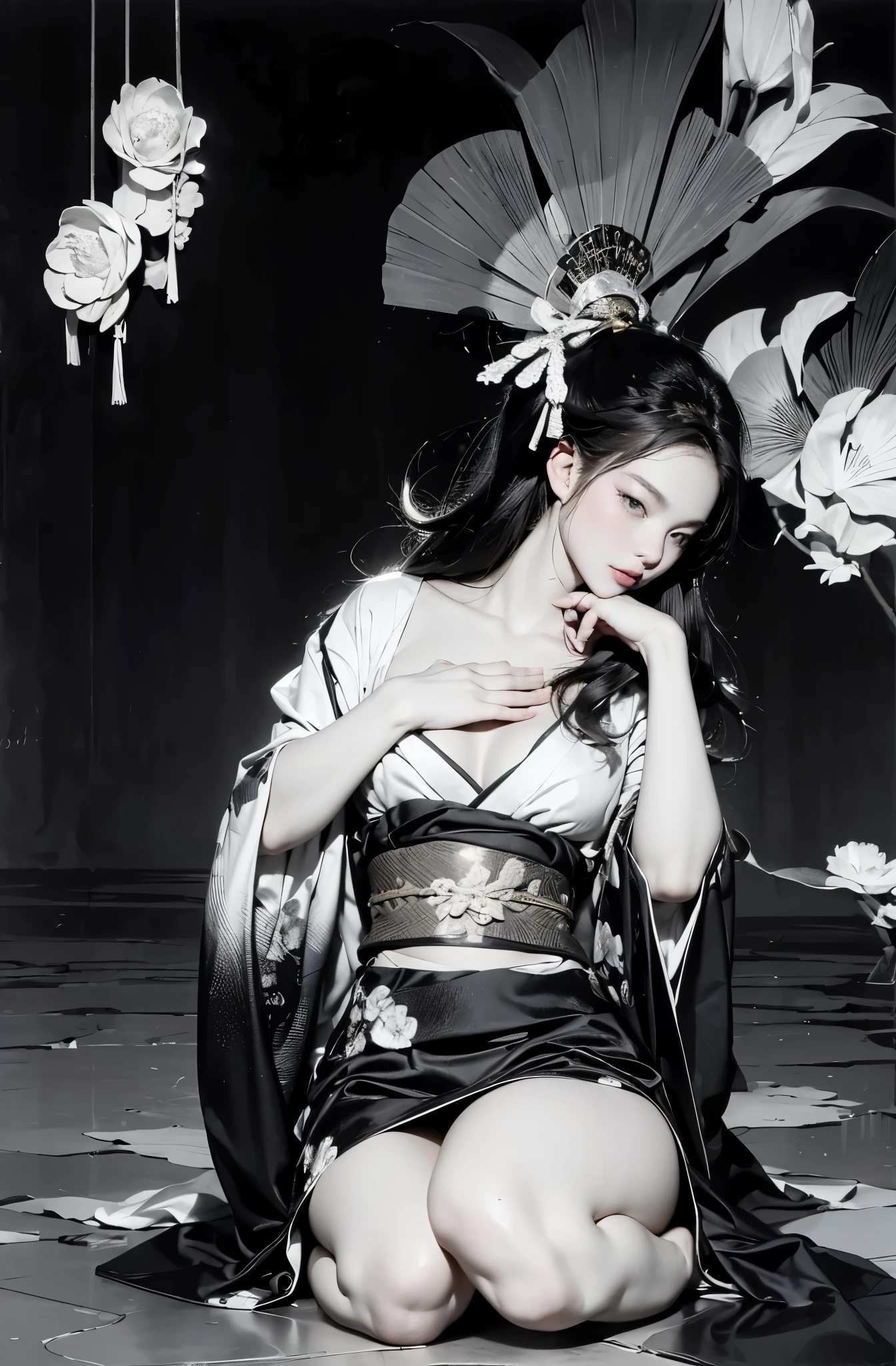 Umalinda warrior sexy, pretty face, Delicious Company, Alluring figure, Wearing a sexy open kimono. The artwork is created in a medium reminiscent of Japanese ink paintings....., 具有大胆的笔触和Monochromatic color palette. artist'Masterful technique reveals the intensity and power of the image'sense of presence,with the highest quality, Perfectly capture every detail with ultra-high resolution. Textures and intricate patterns on kimonos are rendered with extreme precision. Lighting is carefully designed,Enhance drama, Features deep shadows and subtle highlights. General, The artwork exudes elegance and power, Combining traditional Japanese aesthetics with a modern feel. Monochromatic color palette, Combine details, Create captivating and immersive experiences for your audience.