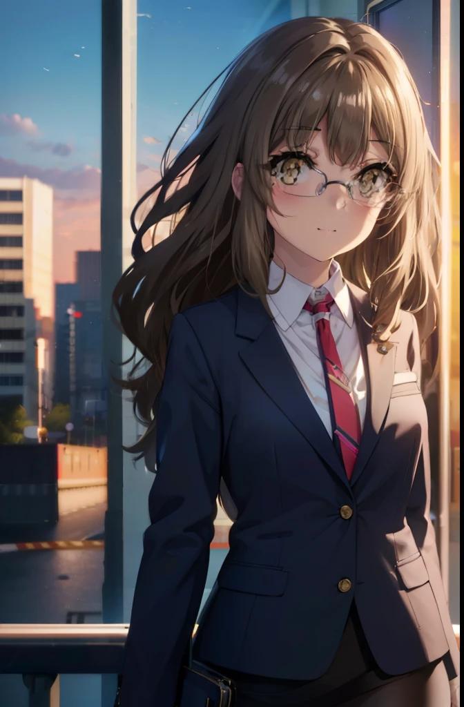 riofutaba, rio futaba, long hair, brown hair, (brown eyes:1.5), Glasses,blush,smile,
, OL,Braid, red glasses, end, black suit jacket, collared jacket, white dress shirt, collared shirt, neckline, button, strap, ID card on the neck, black pencil skirt, black pantyhose, stiletto heels,business bag,smile, blush, looking at the viewer,sunset,夕方 
break outdoors, In town,building street,
break looking at viewer, (cowboy shot:1.5),
break (masterpiece:1.2), highest quality, High resolution, unity 8k wallpaper, (figure:0.8), (detailed and beautiful eyes:1.6), highly detailed face, perfect lighting, Very detailed CG, (perfect hands, perfect anatomy),