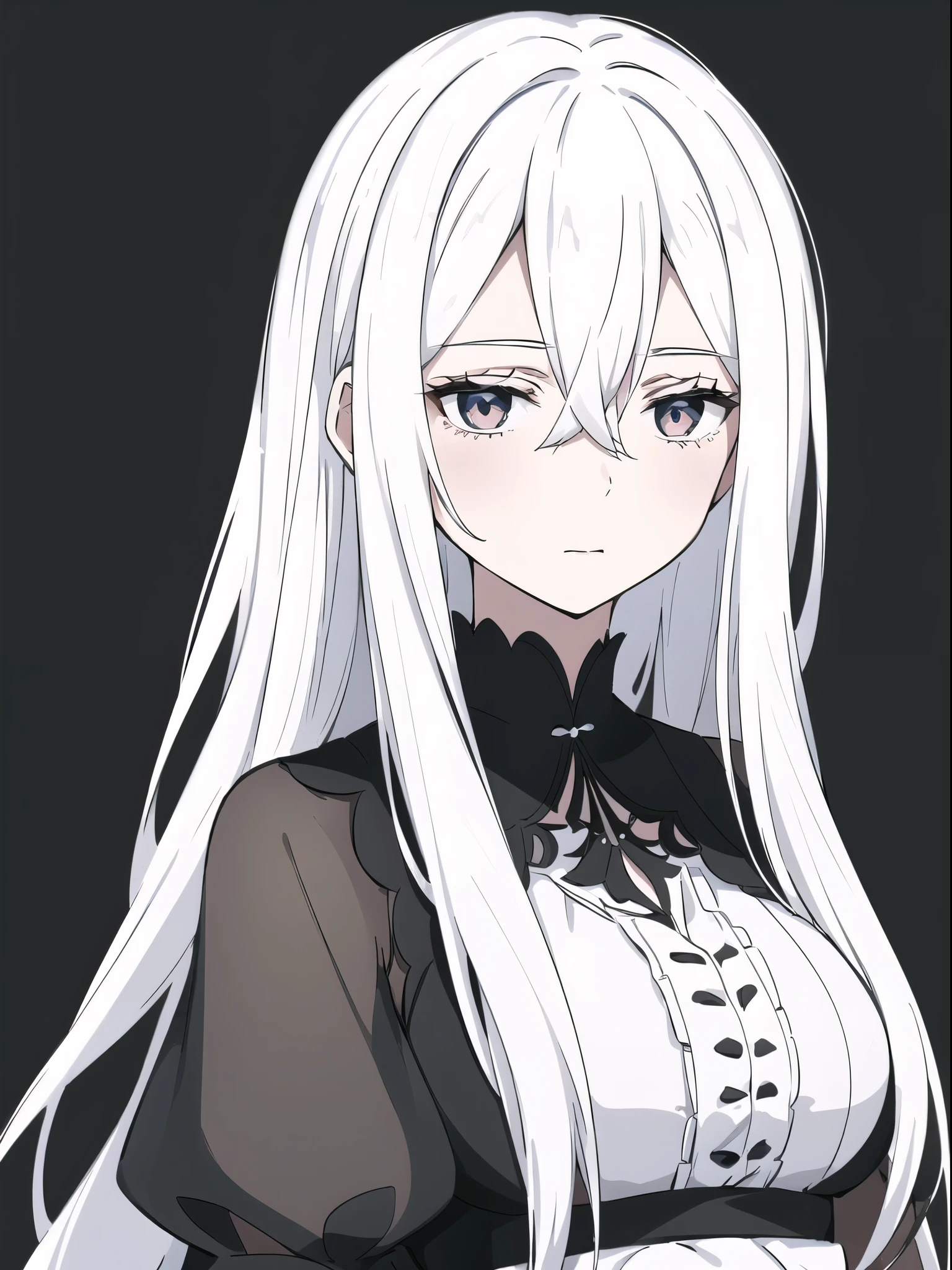 ((White hair)),((Head and Shoulders Image)),Sexy,A person,Alone,Simple style,pancake ,Simple details,Black background,Empty background,Black background wall,(20 year old woman),(Droopy hair),(White Gloves),(Evening Gown),(Lace Shirt),Lace,(confidence)