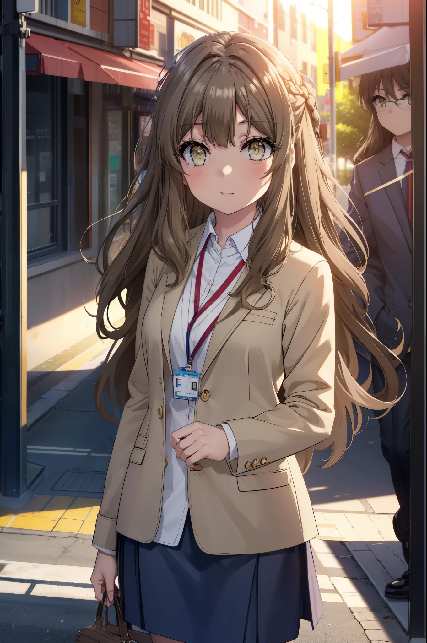 riofutaba, rio futaba, long hair, brown hair, (brown eyes:1.5), Glasses,smile,blush,
, OL,Braid, end, black suit jacket, collared jacket, white dress shirt, collared shirt, neckline, button, strap, ID card on the neck, black pencil skirt, black pantyhose, stiletto heels,business bag,smile, blush, looking at the viewer,sunset,夕方 
break outdoors, In town,building street,
break looking at viewer, (cowboy shot:1.5),
break (masterpiece:1.2), highest quality, High resolution, unity 8k wallpaper, (figure:0.8), (detailed and beautiful eyes:1.6), highly detailed face, perfect lighting, Very detailed CG, (perfect hands, perfect anatomy),