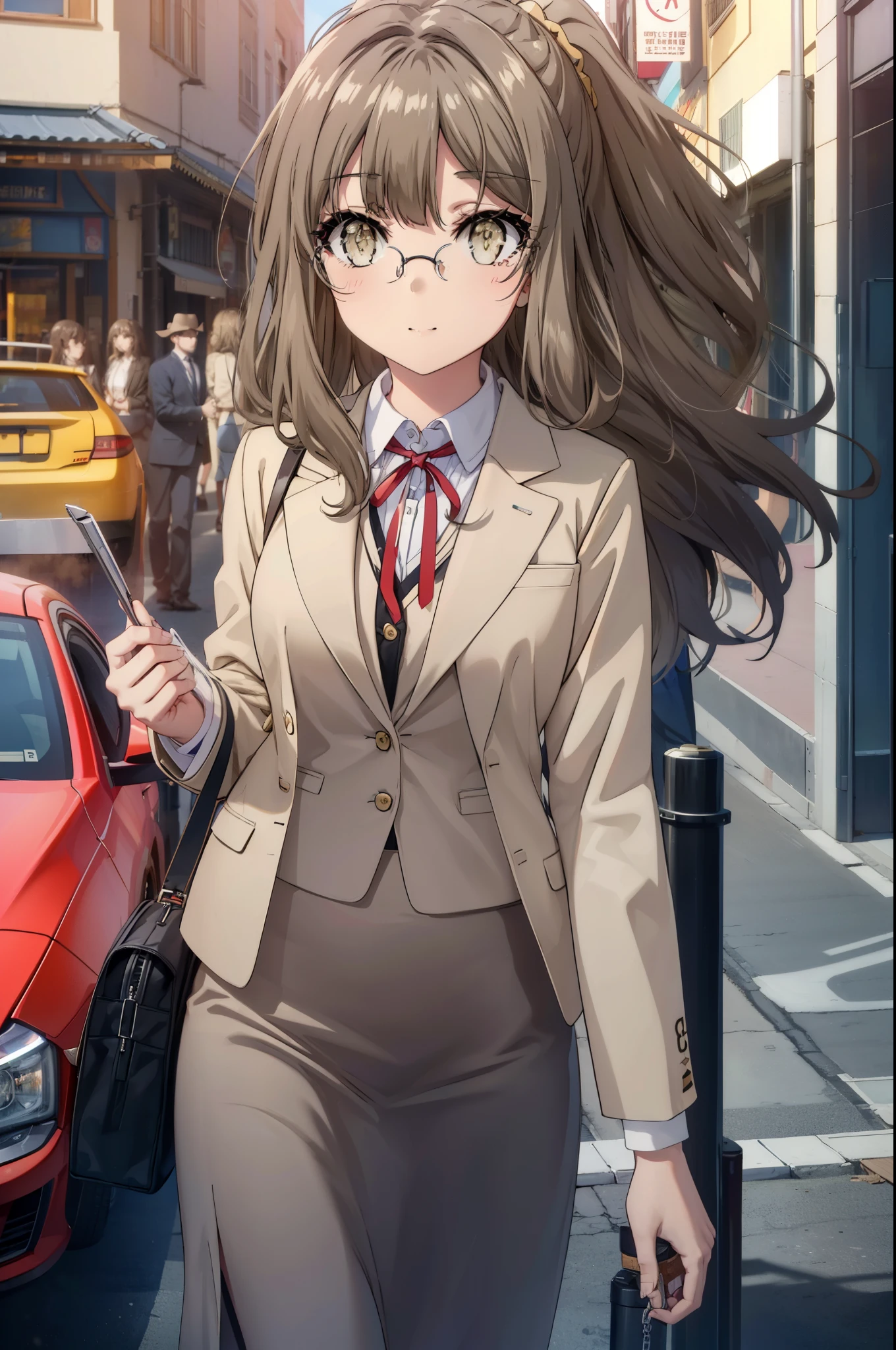 riofutaba, rio futaba, long hair, brown hair, (brown eyes:1.5), Glasses,smile,blush,
, OL,Braid, end, black suit jacket, collared jacket, white dress shirt, collared shirt, neckline, button, strap, ID card on the neck, black pencil skirt, black pantyhose, stiletto heels,business bag,smile, blush, looking at the viewer,sunset,夕方 
break outdoors, In town,building street,
break looking at viewer, (cowboy shot:1.5),
break (masterpiece:1.2), highest quality, High resolution, unity 8k wallpaper, (figure:0.8), (detailed and beautiful eyes:1.6), highly detailed face, perfect lighting, Very detailed CG, (perfect hands, perfect anatomy),