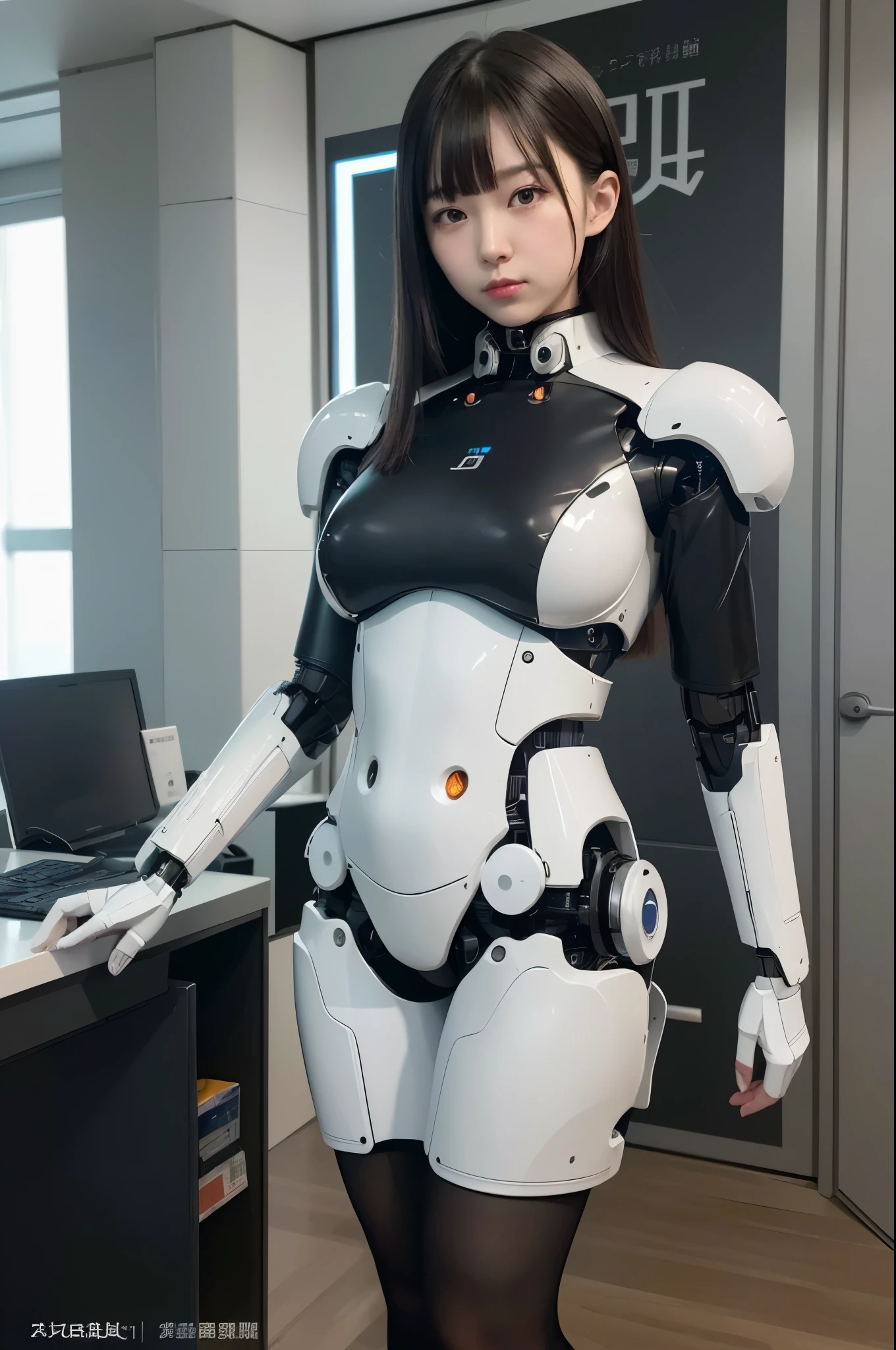 masterpiece, best quality, extremely detailed, Japaese android girl,Plump , control panels,android,Droid,Mechanical Hand, Robot arms,Blunt bangs,future information counter,reception,mechanical body, information office,japanese android receptionist,perfect robot woman,She is powered by electricity,white robot body,perfect mechanical body,black sponge joints,The removable cover is on the groin,The connection port is on the groin,access panel on the chest,miniskirt,dark black tights,She has repaired now,robot concierge,She is in information counter,(closing eyes:1.5)