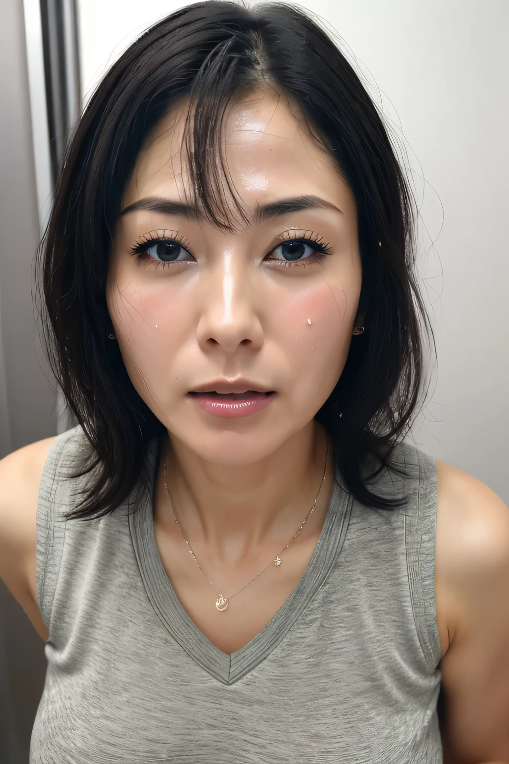 make, highest quality, (Highly detailed CG Unity 8k wallpaper), (highest quality),edge orgasm、faceフォーカス、woman with open mouth and closed eyes、woman with edge_face、35 years old、black hair、very small toilet、((Sweat) ),((Sweatで光る肌))((Sweatで光る鎖骨,Sweatで光るface)),（(Sweatだくの肌))((Sweatで濡れた肌)),