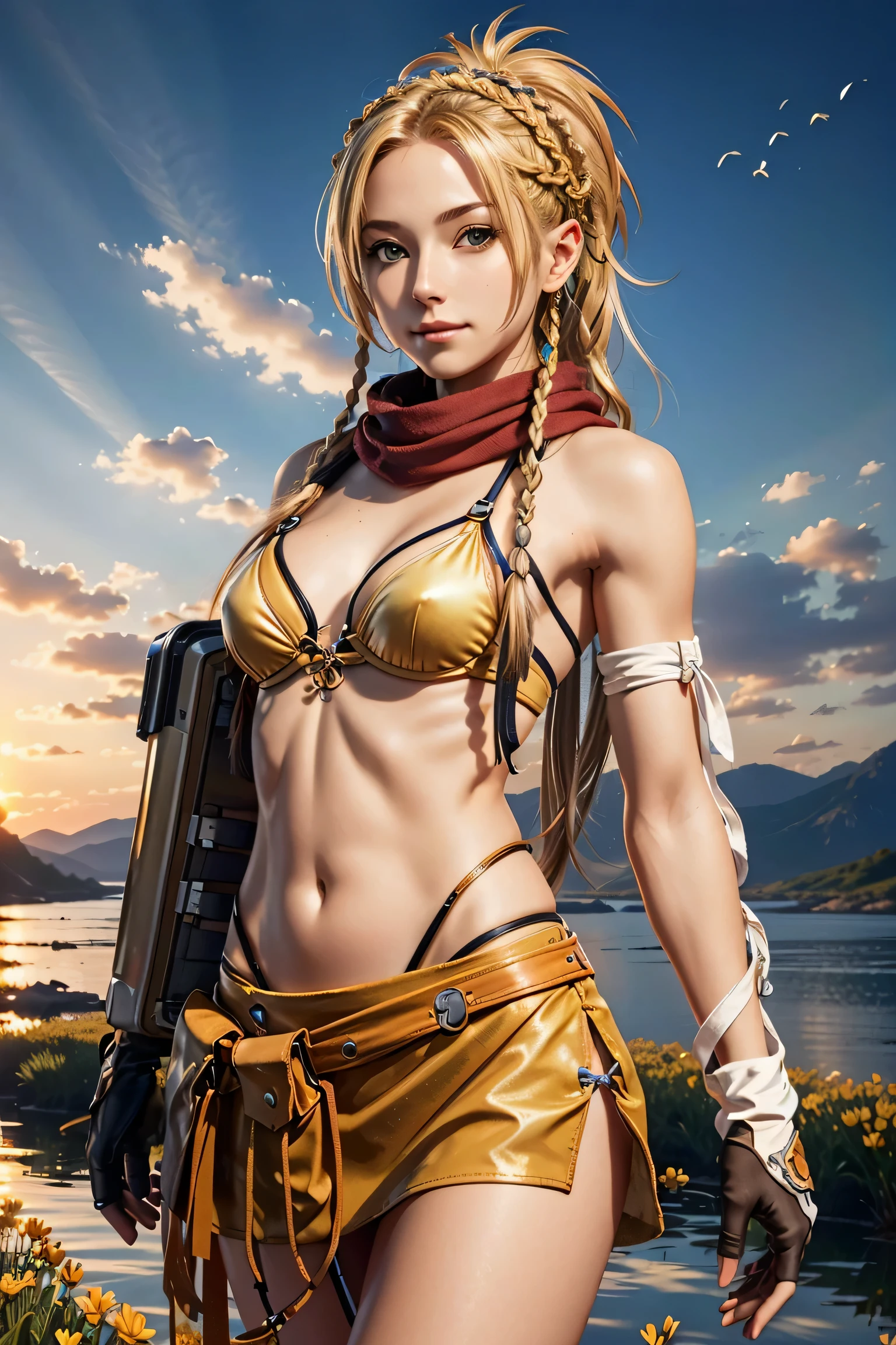 (masterpiece, highest quality:1.3)
backpack ff10,  1 girl, alone, long hair, chest, skirt, blonde hair, hair ornaments, gloves, belly button, green eyes, swimsuit, Braid, bikini, removed sleeve, null, Day, cloud, miniskirt, fingerless gloves, scarf, head band, bird, bikini top only, @_@, yellow bikini, blue head band,super high quality,super high quality,masterpiece,digital single lens reflex,realistic,Detailed details,vivid details,depicted in detail,detailed face,Detailed details,Super detailed,realistic skin texture,based on anatomical basis,perfect anatomy,anatomically correct hand,anatomically correct fingers,Complex 3D rendering,sexy pose,beautiful yellow tulip field,Final Fantasy Worldview,幻想的な夕Day,幻想的な夕Day,beauty like a painting,smile,enchanting beauty,phantom river,