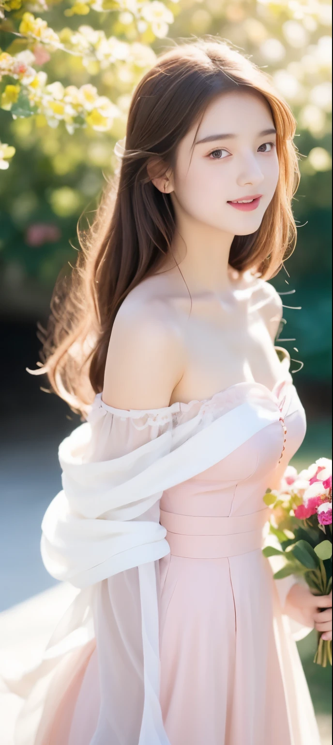 18-year-old girl,Beautiful looks,bouquet of flowers,Cherry tree,dream,romantic,pink tone,short dress,Strapless,Off the shoulders,Snow-white chest