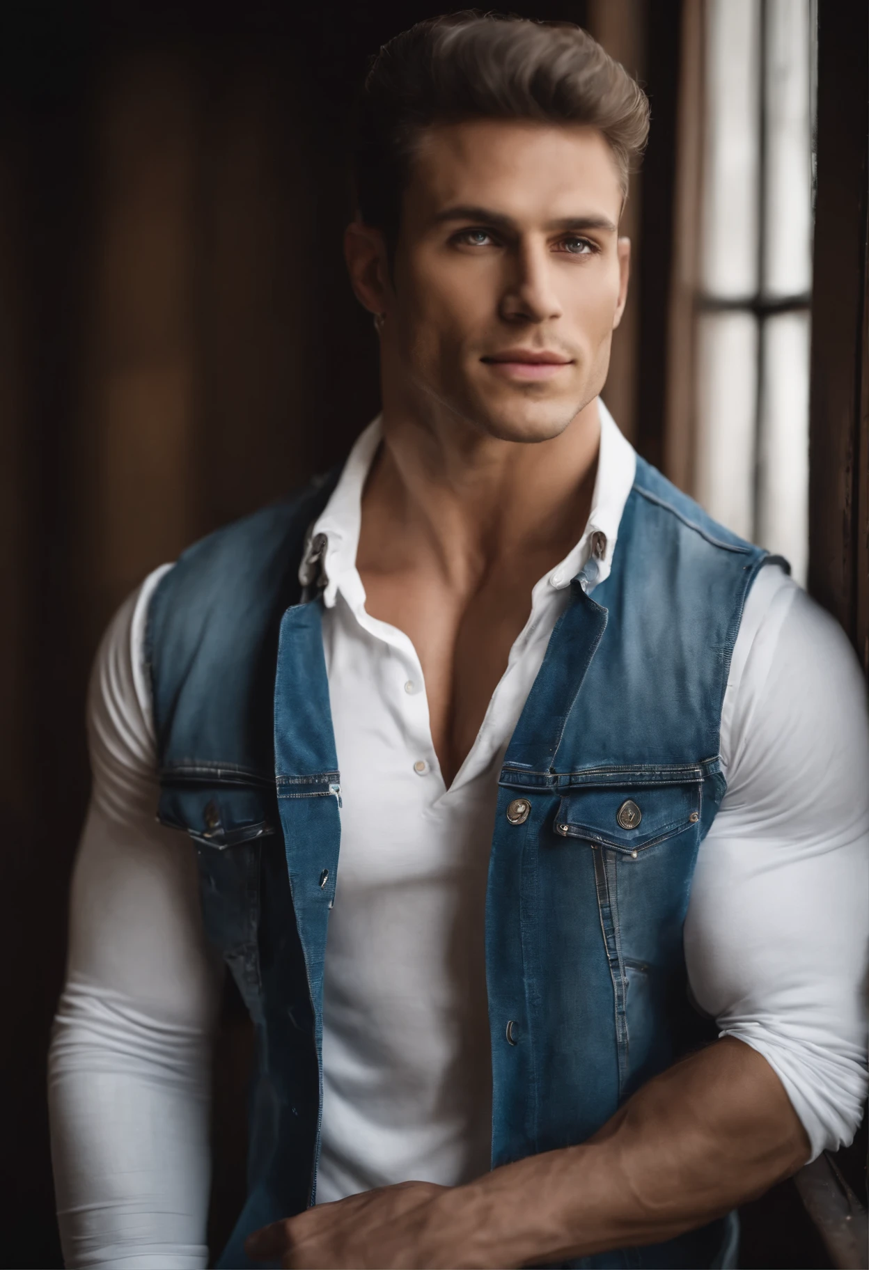 white Italian man in white jeans and a denim vest posing for a picture, a photo by Helen Dahm, tumblr, happening, [ adamantly defined abs ]!!, ripped, with abs, [ rigidly defined abs ]!!, full body shot close up, crop shirt and strong abs, chiseled abs, waist - shot, upper body shot