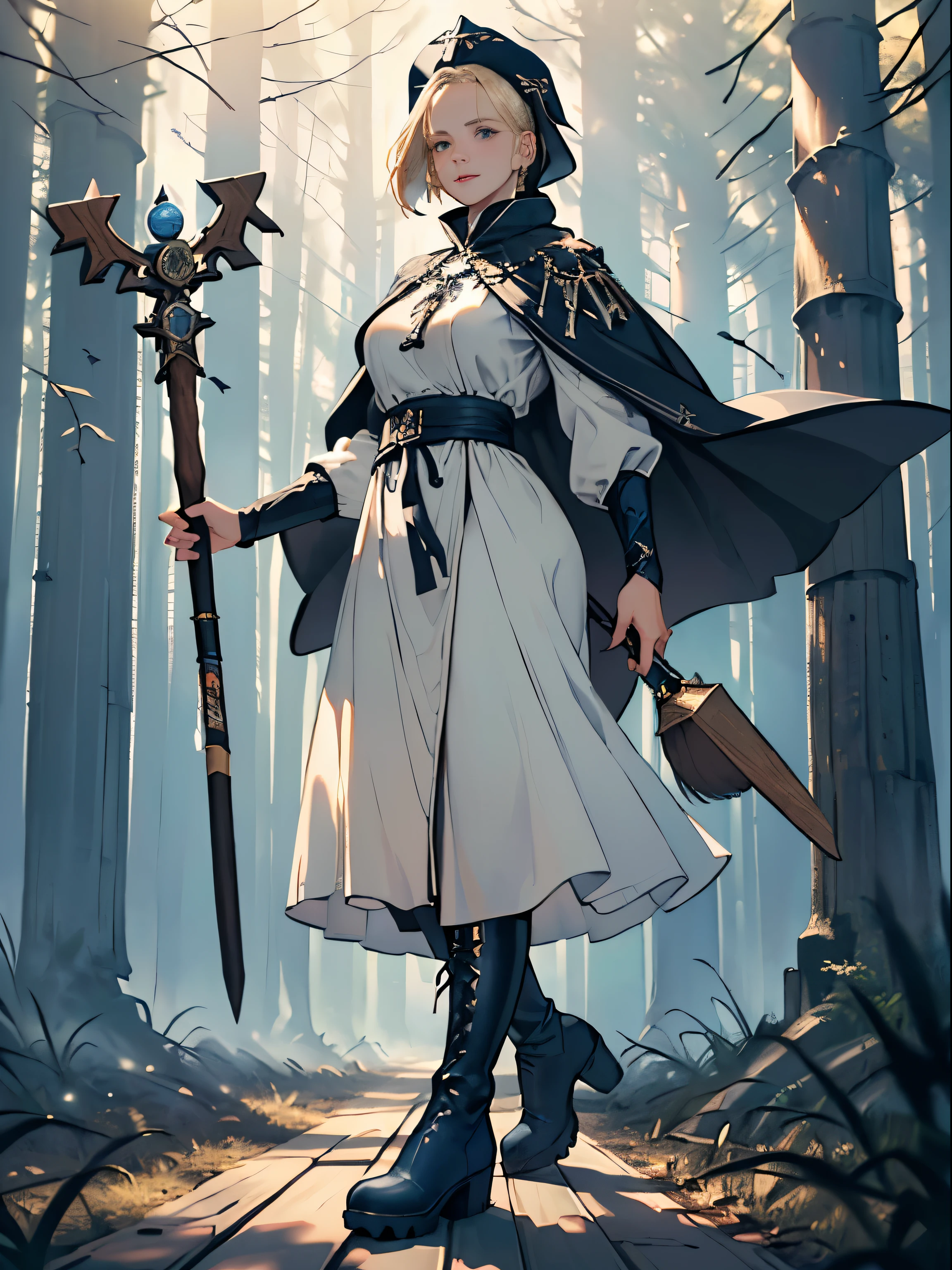masterpiece, super detailed, 8K portrait, RAW photo, portrait photography, highly detailed face, beautiful and detailed eyes, ((fantasy)), young and beautiful, dynamic pose, kind face, smile, (((Short bob blonde hair))), ((priest)), white skin color, frugal girl, Wooden Necklace, Clergy's hat, (((long cloak))) fluttering in the wind, (((dark dull blue oversized priest tunic))), (((long skirt)), (((Low boots))), ((holding a long wooden cane)), big funny bags, midday sun, surreal, body model, big breasts, beautiful breasts, long legs, ambient lighting in the forest, shadow details , Focus the camera on the thigh, strong wind, light fog