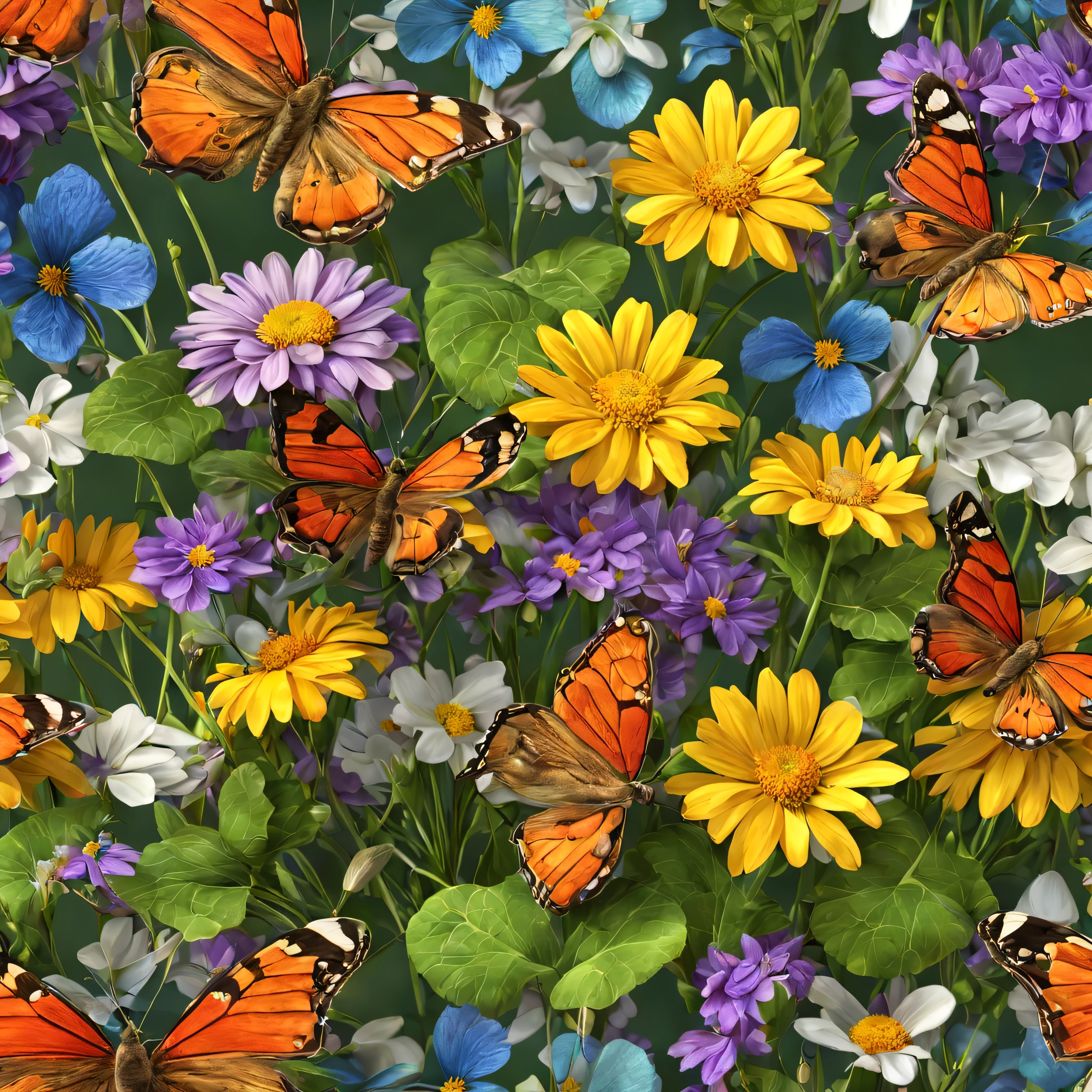 colorful wildflowers, vibrant, bouquet. butterflies, shamrocks, high detail, 3D, NO background