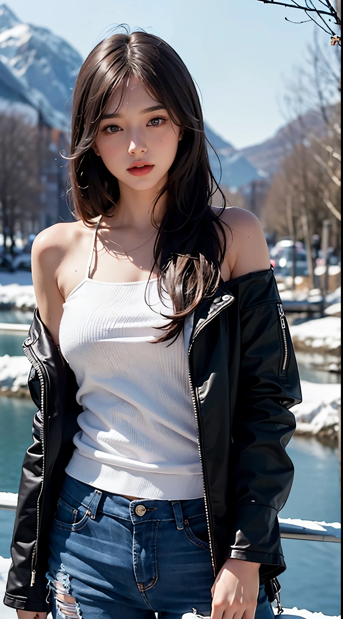 best qualtiy，tmasterpiece，ultra high resolution，（Realism：1.4），RAW photogr，1girl，deep shading，low tune，cold light，Beautiful scenery in the background，cropped shoulders
