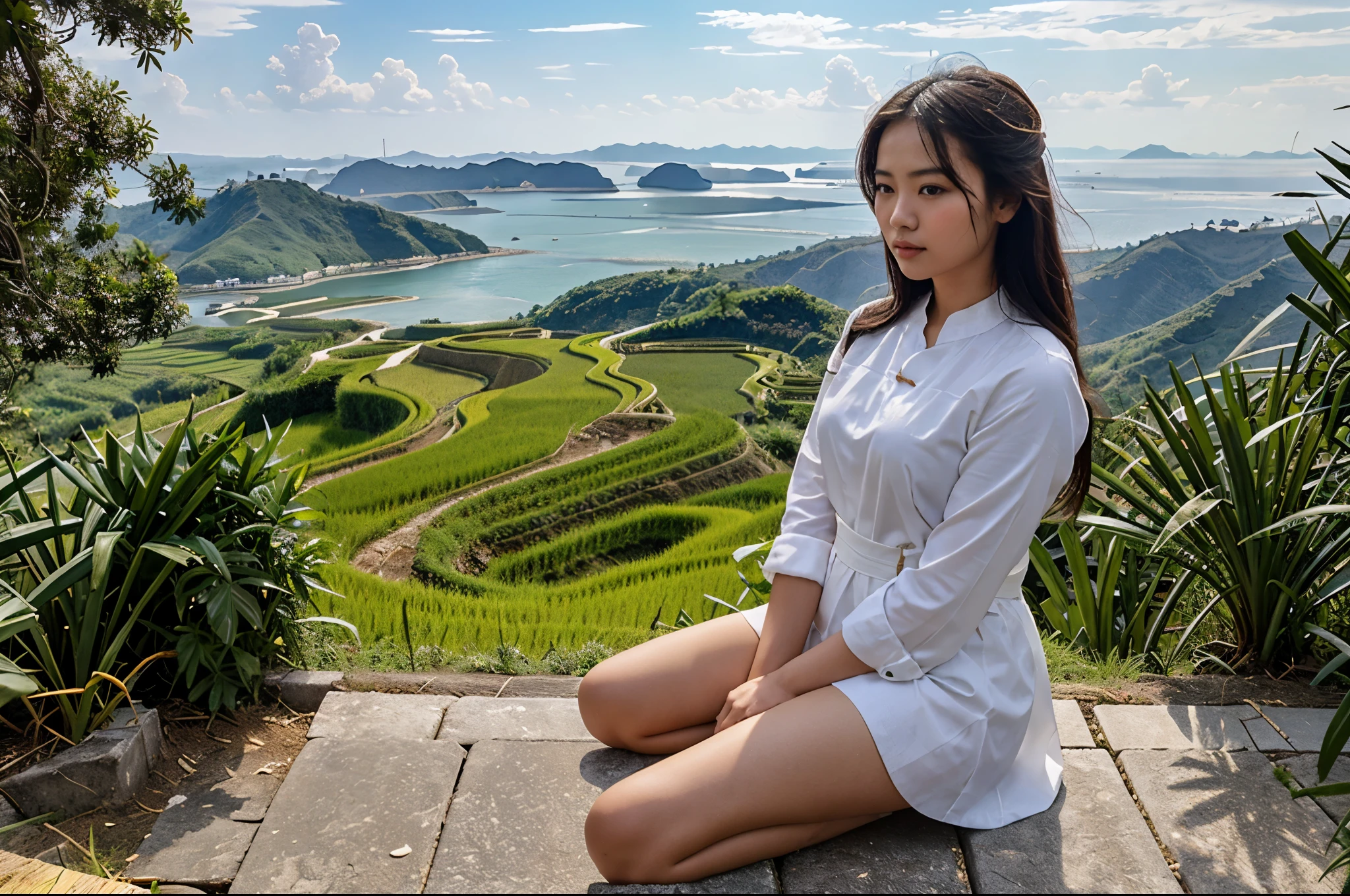 masterpiece, high quality, high resolution, raw photo, 8k, beautiful Vietnamese girl wearing AoDai. Tiered rice fields on a slope facing the sea, beautiful image, near the sea, (overlooking rice fields:1.2), terraced fields, young rice shining in the strong sunlight,  looking down from a terrace, sea in the background,  