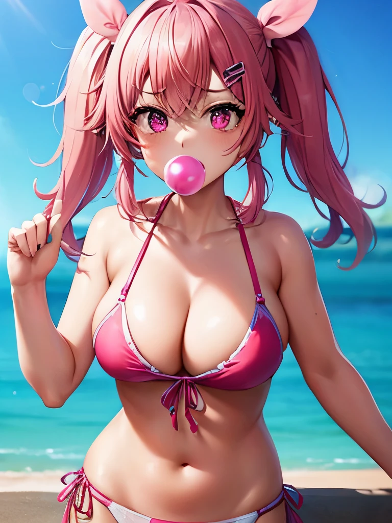 excited, pale skin, blow bubble gum, vivid colors, pigtails, pink hair, pink bikini, earrings, babe, bimbo, street, pale skin,