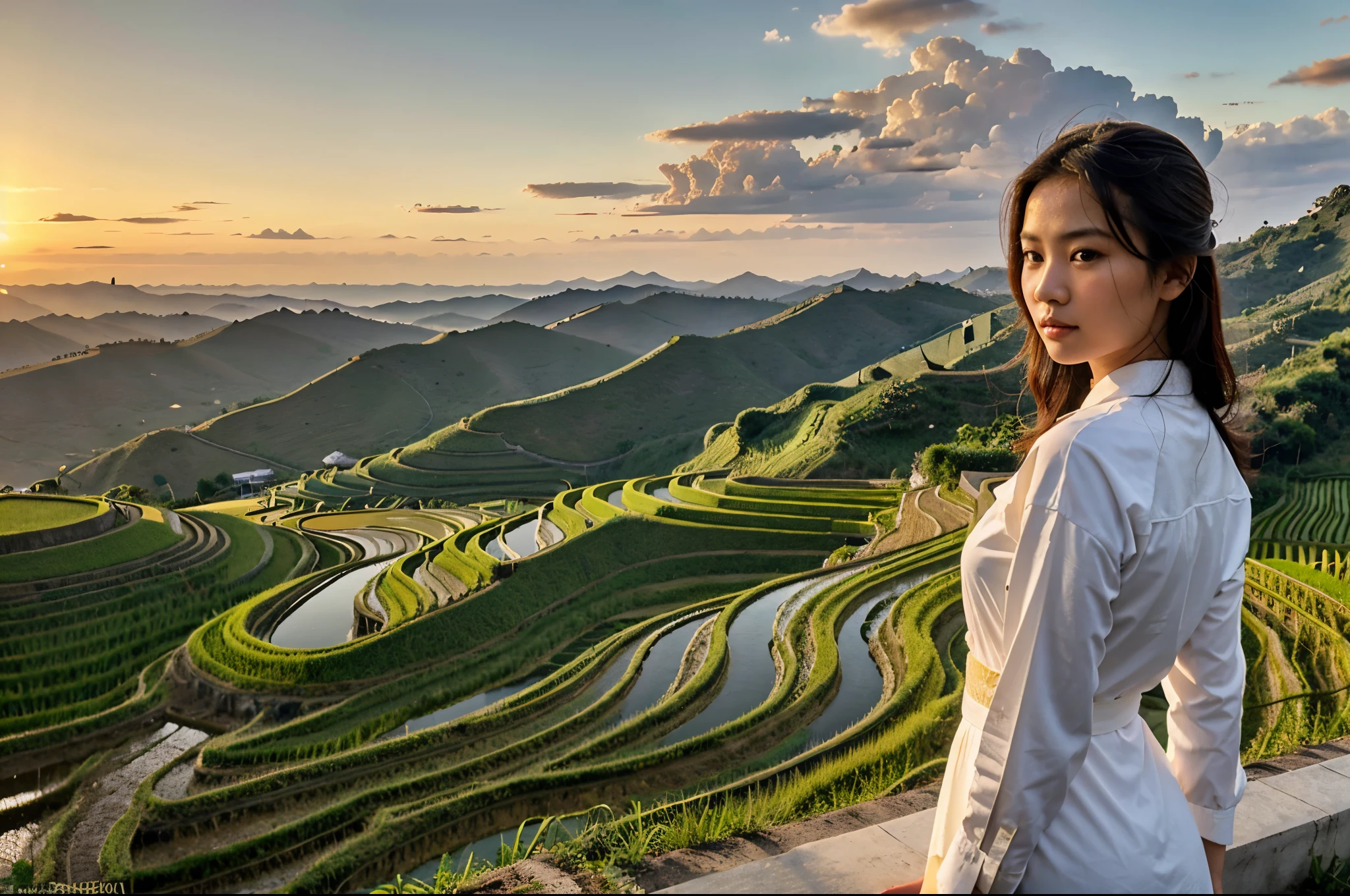 masterpiece, high quality, high resolution, raw photo, 8k, beautiful Vietnamese girl wearing AoDai. Tiered rice fields on a slope facing the sea, beautiful image, near the sea, (overlooking rice fields:1.2), terraced fields, young rice shining in the strong sunlight,  looking down from a terrace, sea in the background,  