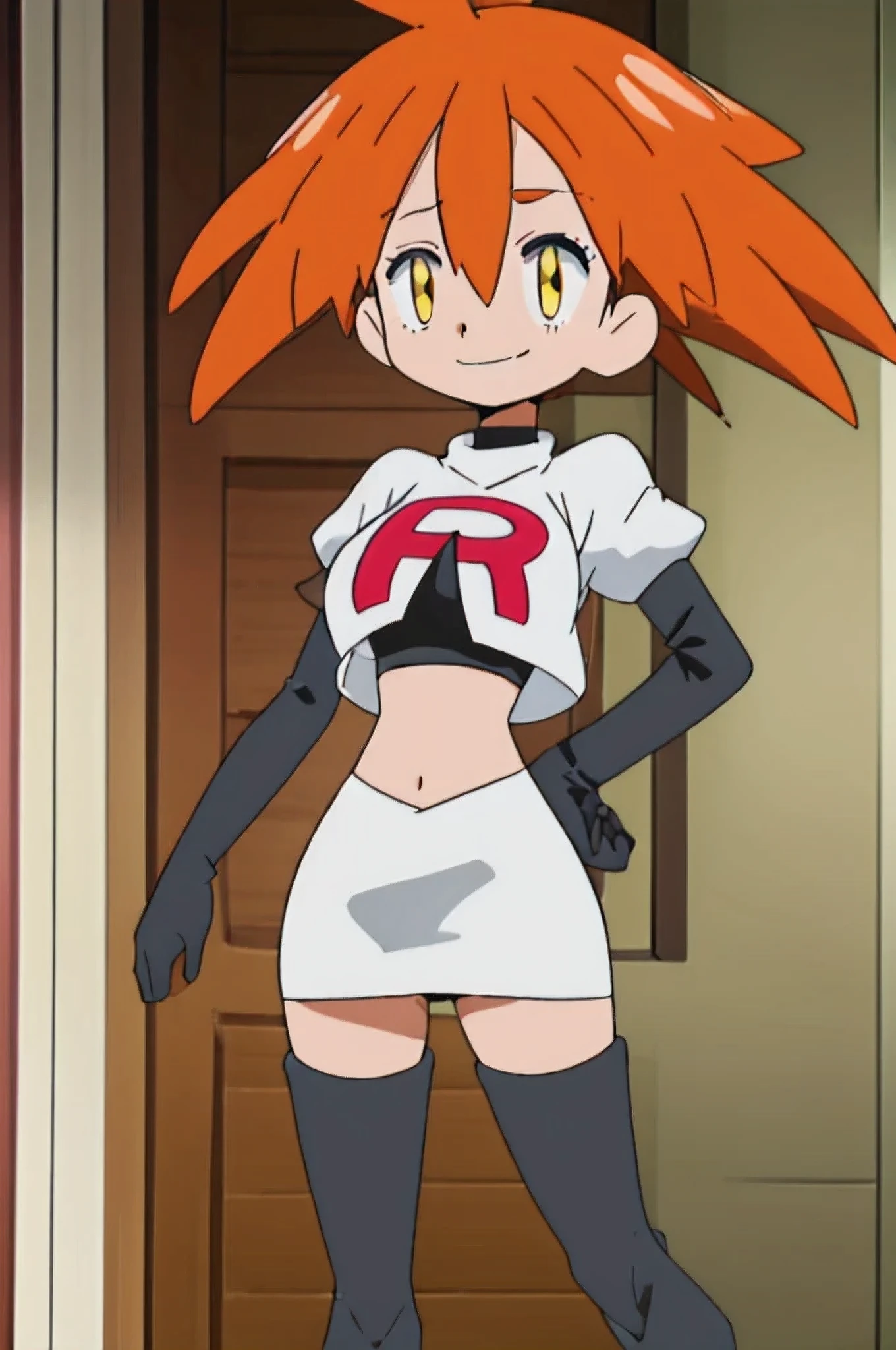 (1girl in:1.2), (Solo:1.2) , Brilliant Textured Work, top-quality, , , , 10 year old, black crop top tee, orange miniskirt, black spiky boots, black spiky wristbands, spiky choker, orange hair, short hair, wavy hair, yellow eyes, shiny hair, evil smile, standing, contrapposto, hand on hip, Evil Female Executive, villainess, Evil Fall, darkness, Downtown at night, Concrete roads, large breasts, (empty eyes:1.5), Forcibly fitted gem, corrupted gem , eyeball gem, cracked gem, eyeball implanted breasts, curse seal, parasite eroded gem, veiny tatoo, eroded, bat wings, open mouth, large fang,team rocket uniform, red letter r, white skirt,white crop top,black thigh-high boots, black elbow gloves, evil smile, looking at viewer, hands on hips