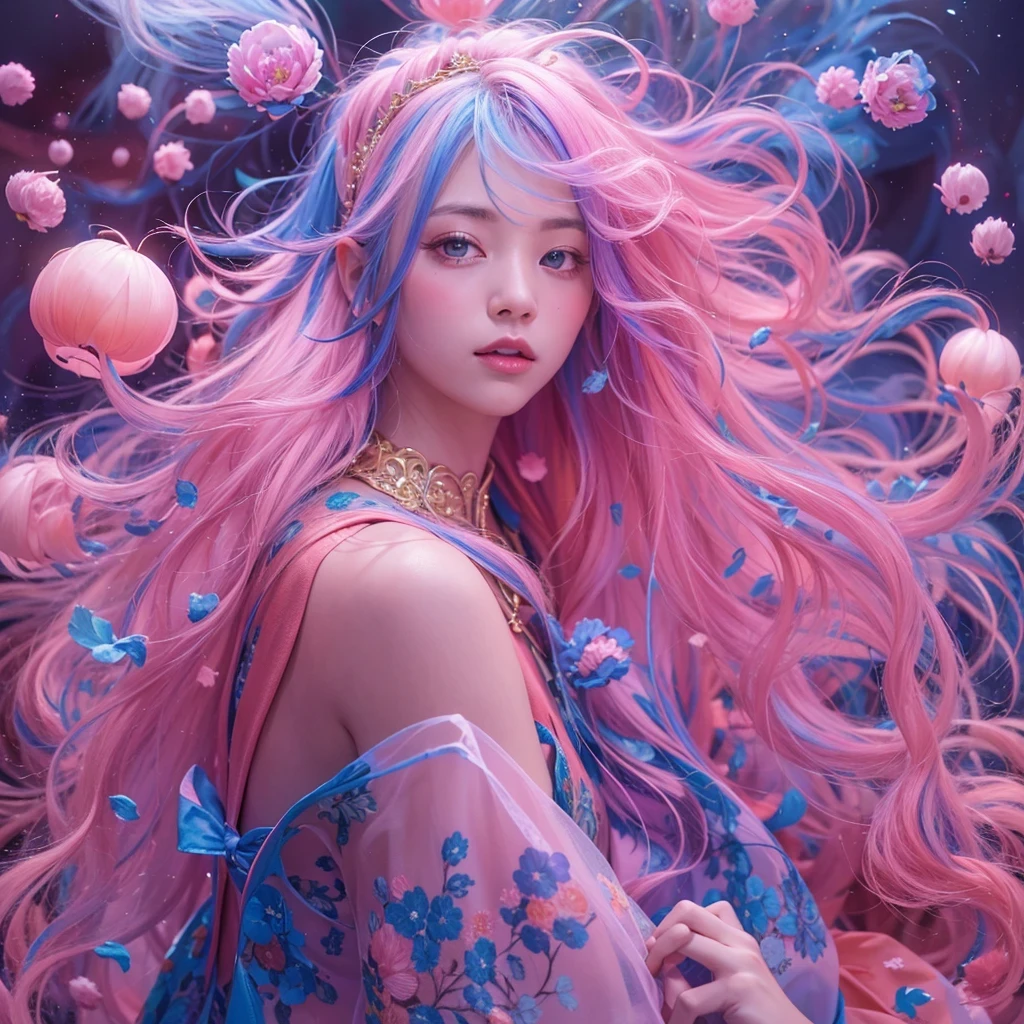 Goose pink blue color,enamel,agate,A flesh-colored world,Blood Blue Girl 32K(masterpiece,HD,Aoyama Pond,Ultra high quality,32)long flowing bright blue hair,blood pool,Ziddink, a color,Grumpy (After greeting), (Linen scarf), fighting stance, looking at the ground, Goose pink long hair, Floating bright blue, Fire cloud gold headdress, Chinese long-sleeved gold silk burgundy garment, (Abstract metaverse splash:1.2), White background,Peony flower vitality protector(粉realisticlying:1.4),bright purple hair,Smoke on the road,The background is very pure, high resolution, detail, RAW photos, Sharp Re, Nikon D850 film photo by Jefferies Lee 4 Kodak Portra 400 camera F1.6 guns, Rich pink shade, Ultra-realistic and vivid textures, dramatic lighting, Unreal Engine Art Station Trend, Sinest Powder 800,一个有着long flowing bright blue hair的女孩,Huge colorful bubbles鹅粉黄