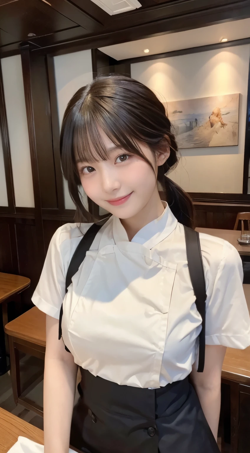 (highest quality,masterpiece:1.3,ultra high resolution,),(Super detailed,caustics),(Photoreal:1.4,RAW shooting,)ultra-realistic capture,very detailed,High resolution 16K human skin close-up。 natural skin texture、,The pores are、、、Must be detailed enough to be easily identified。 Skin should look even-toned and healthy。 Use natural light and color,restaurant,waitress uniform,1 girl,Japanese,18-year-old,cute,black haired,ponytail,big breasts,smile,turn your body forward,(Front view:1.1),look at the camera,cowboy shot,