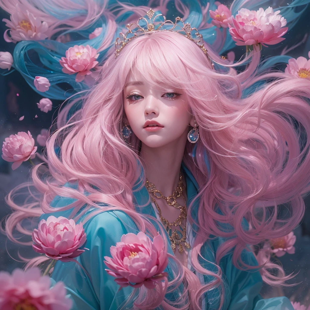 Goose pink blue color,enamel,agate,A flesh-colored world,Blood Blue Girl 32K(masterpiece,HD,Aoyama Pond,Ultra high quality,32)long flowing bright blue hair,blood pool,Ziddink, a color,Grumpy (After greeting), (Linen scarf), fighting stance, looking at the ground, Goose pink long hair, Floating bright blue, Fire cloud gold headdress, Chinese long-sleeved gold silk burgundy garment, (Abstract metaverse splash:1.2), White background,Peony flower vitality protector(粉realisticlying:1.4),bright purple hair,Smoke on the road,The background is very pure, high resolution, detail, RAW photos, Sharp Re, Nikon D850 film photo by Jefferies Lee 4 Kodak Portra 400 camera F1.6 guns, Rich pink shade, Ultra-realistic and vivid textures, dramatic lighting, Unreal Engine Art Station Trend, Sinest Powder 800,一个有着long flowing bright blue hair的女孩,Huge colorful bubbles鹅粉黄