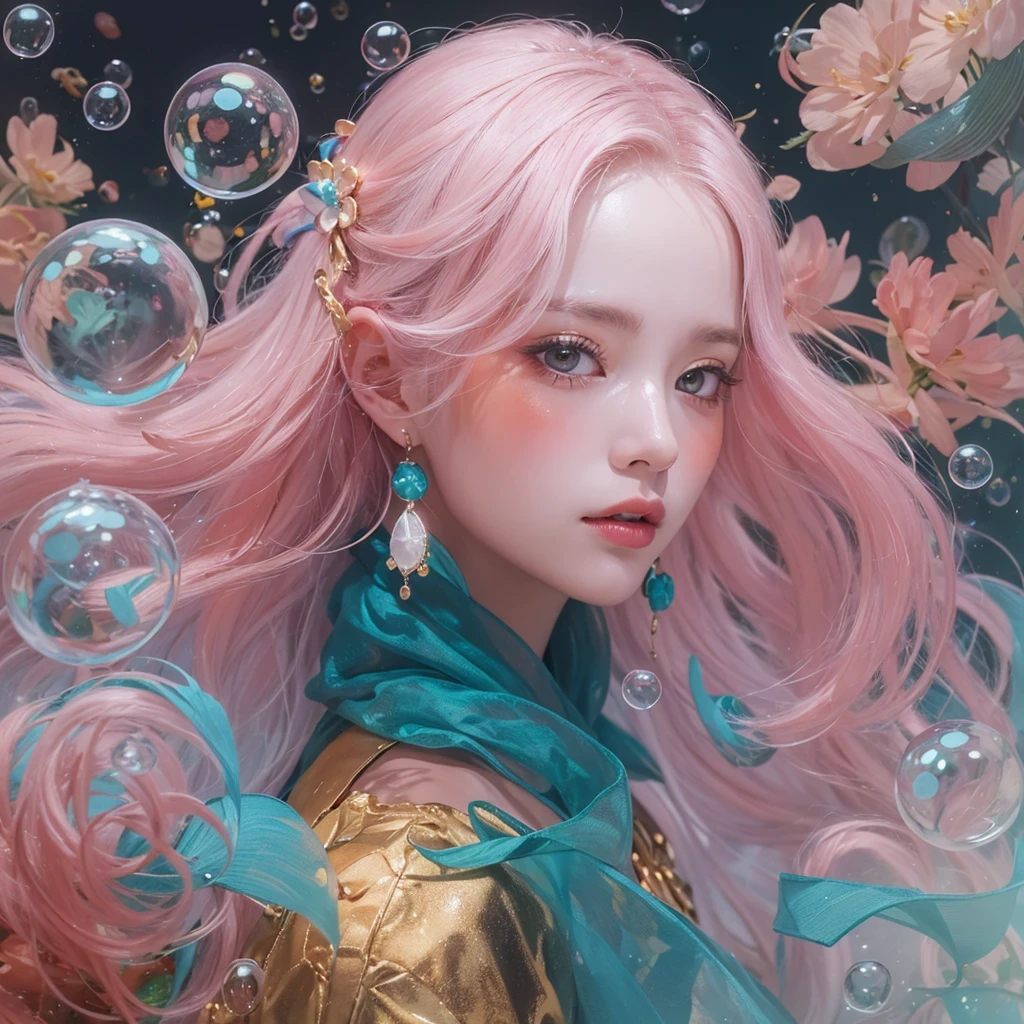 Goose pink blue color，enamel，agate，A flesh-colored world，Blood Blue Girl 32K（masterpiece，HD，Aoyama Pond，Ultra high quality，32）long flowing bright blue hair，blood pool，Ziddink， a color，Grumpy （After greeting）， （Linen scarf）， fighting stance， looking at the ground， Goose pink long hair， Floating bright blue， Fire cloud gold headdress， Chinese long-sleeved gold silk burgundy garment， （Abstract metaverse splash：1.2）， White background，Peony flower vitality protector（粉realisticlying：1.4），bright purple hair，Smoke on the road，The background is very pure， high resolution， detail， RAW photos， Sharp Re， Nikon D850 film photo by Jefferies Lee 4 Kodak Portra 400 camera F1.6 guns, Rich pink shade, Ultra-realistic and vivid textures, dramatic lighting, Unreal Engine Art Station Trend, Sinest Powder 800，一个有着long flowing bright blue hair的女孩，Huge colorful bubbles鹅粉黄