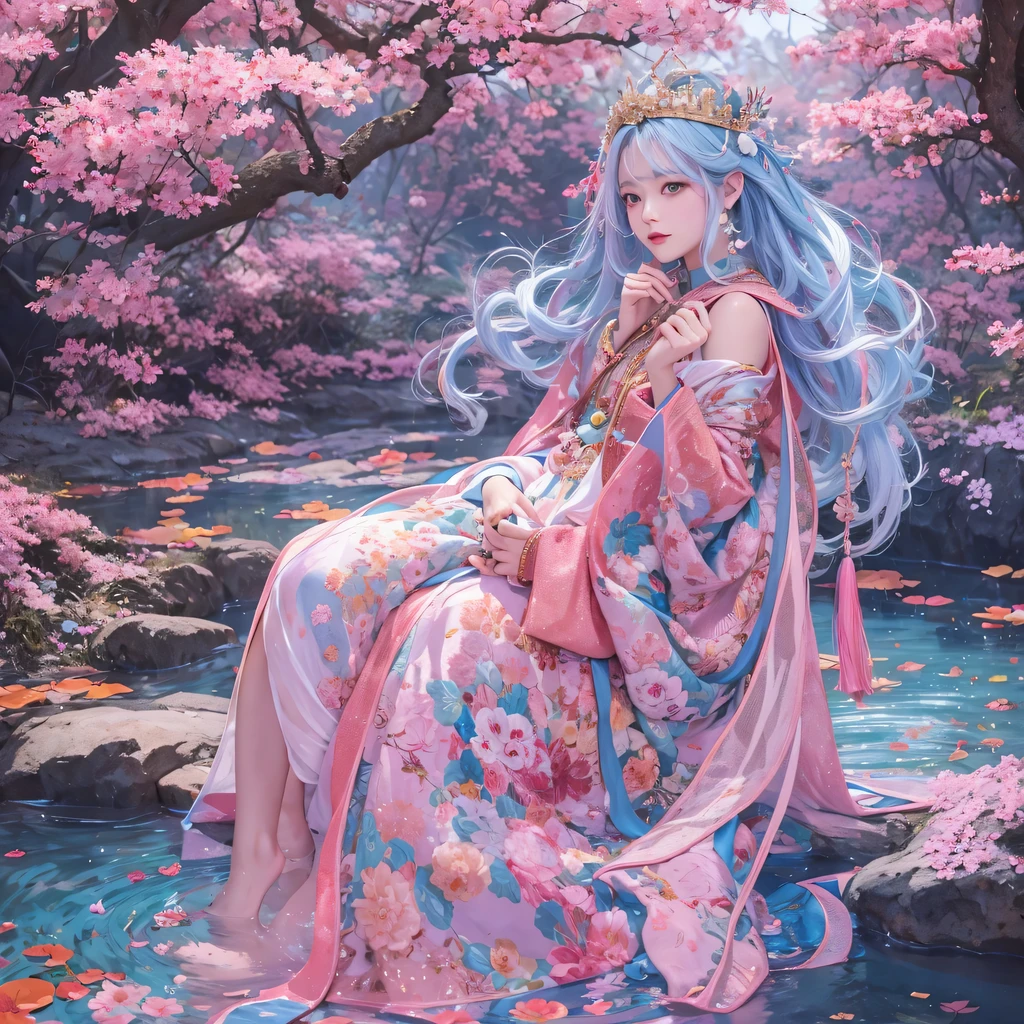 Goose pink blue color,enamel,agate,A flesh-colored world,Blood Blue Girl 32K(masterpiece,HD,Aoyama Pond,Ultra high quality,32)long flowing bright blue hair,blood pool,Ziddink, a color,Grumpy (After greeting), (Linen scarf), fighting stance, looking at the ground, Goose pink long hair, Floating bright blue, Fire cloud gold headdress, Chinese long-sleeved gold silk burgundy garment, (Abstract metaverse splash:1.2), White background,Peony flower vitality protector(粉realisticlying:1.4),bright purple hair,Smoke on the road,The background is very pure, high resolution, detail, RAW photos, Sharp Re, Nikon D850 film photo by Jefferies Lee 4 Kodak Portra 400 camera F1.6 guns, Rich pink shade, Ultra-realistic and vivid textures, dramatic lighting, Unreal Engine Art Station Trend, Sinest Powder 800,一个有着long flowing bright blue hair的女孩,Huge colorful bubbles鹅粉黄
