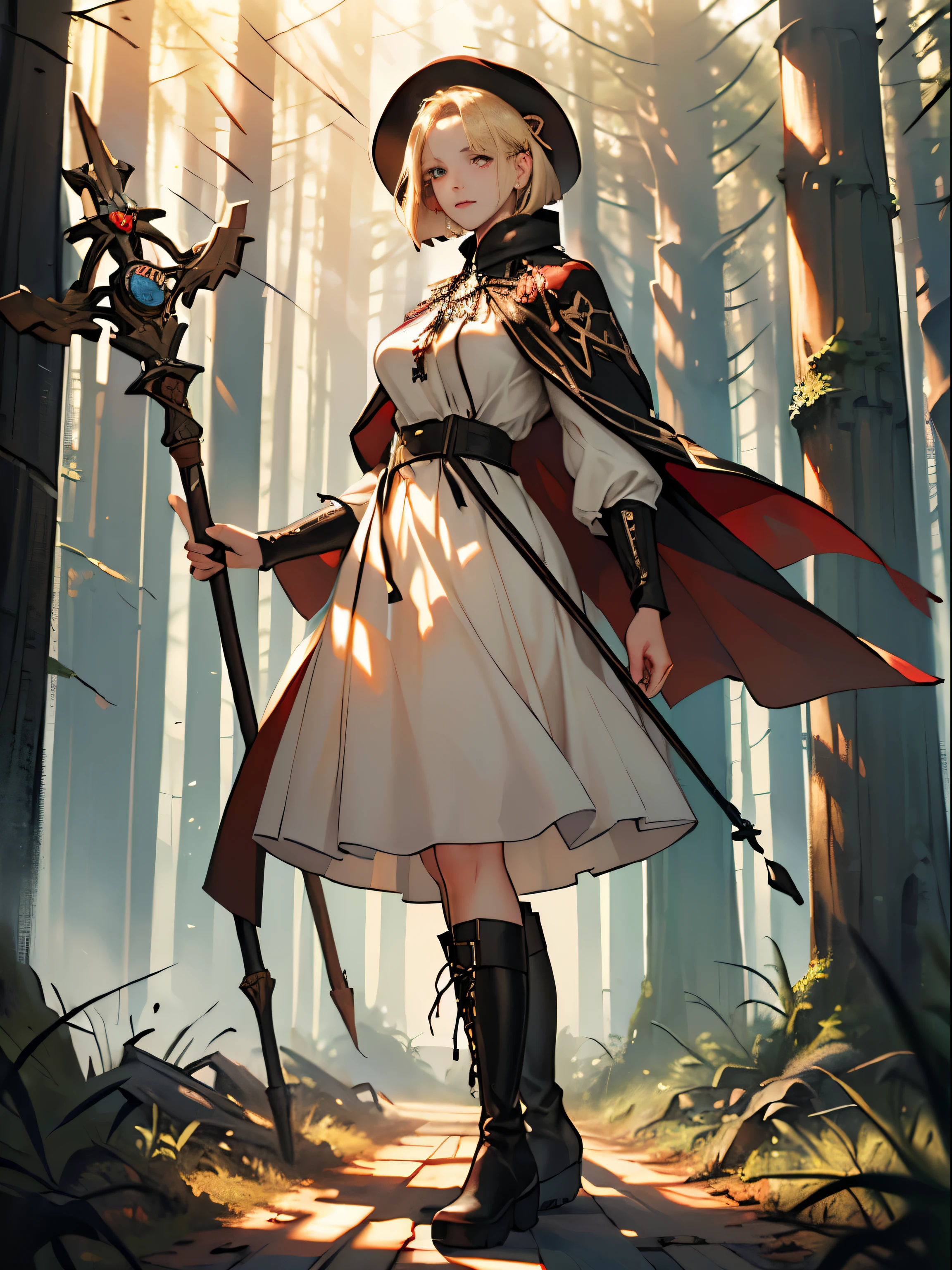 masterpiece, super detailed, 8K portrait, RAW photo, portrait photography, highly detailed face, beautiful and detailed eyes, ((fantasy)), young and beautiful, dynamic pose, kind face, smile, (((Short bob blonde hair))), ((priest)), white skin color, frugal girl, Wooden Necklace, Clergy's hat, (((long cloak))) fluttering in the wind, (((dark dull red oversized priest tunic))), (((long skirt)), (((Low boots))), ((holding a long wooden cane)), big funny bags, midday sun, surreal, body model, big breasts, beautiful breasts, long legs, ambient lighting in the forest, shadow details , Focus the camera on the thigh, strong wind, light fog