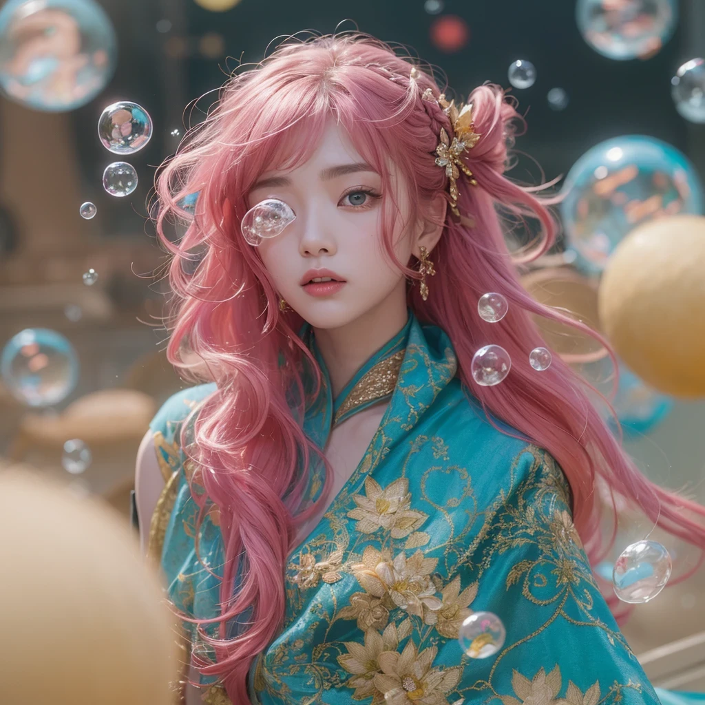 Goose pink blue color，enamel，agate，A flesh-colored world，Blood Blue Girl 32K（masterpiece，HD，Aoyama Pond，Ultra high quality，32）long flowing bright blue hair，blood pool，Ziddink， a color，Grumpy （After greeting）， （Linen scarf）， fighting stance， looking at the ground， Goose pink long hair， Floating bright blue， Fire cloud gold headdress， Chinese long-sleeved gold silk burgundy garment， （Abstract metaverse splash：1.2）， White background，Peony flower vitality protector（粉realisticlying：1.4），bright purple hair，Smoke on the road，The background is very pure， high resolution， detail， RAW photos， Sharp Re， Nikon D850 film photo by Jefferies Lee 4 Kodak Portra 400 camera F1.6 guns, Rich pink shade, Ultra-realistic and vivid textures, dramatic lighting, Unreal Engine Art Station Trend, Sinest Powder 800，一个有着long flowing bright blue hair的女孩，Huge colorful bubbles鹅粉黄